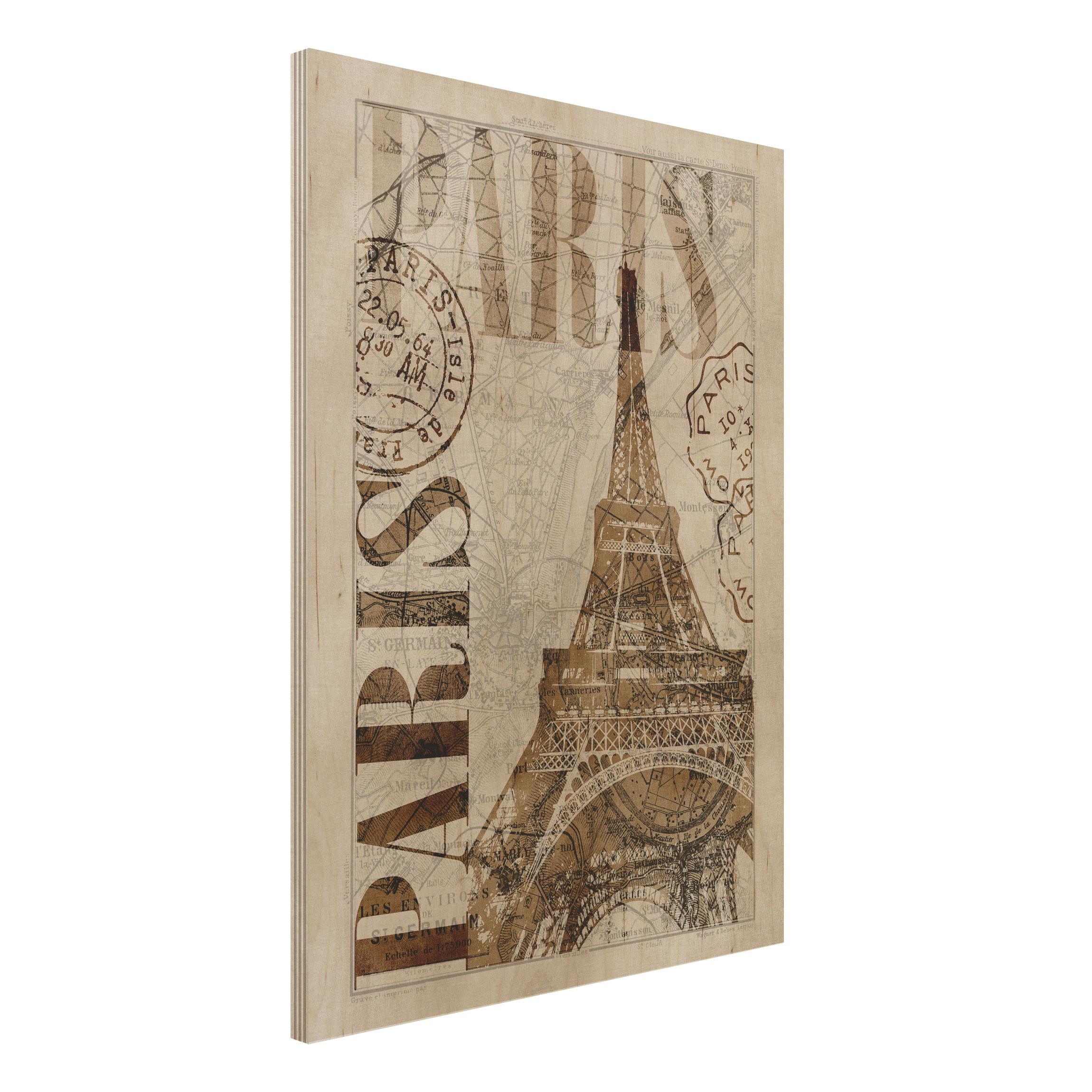 Holzbild - Hochformat 3:4 Shabby Chic Collage - Paris