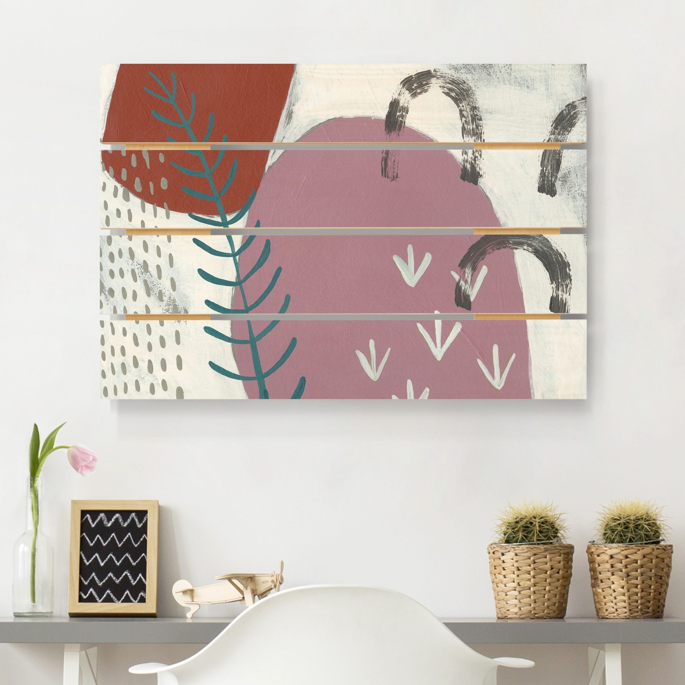 Holzbild Plankenoptik - Querformat Karneval der Formen in Beere II