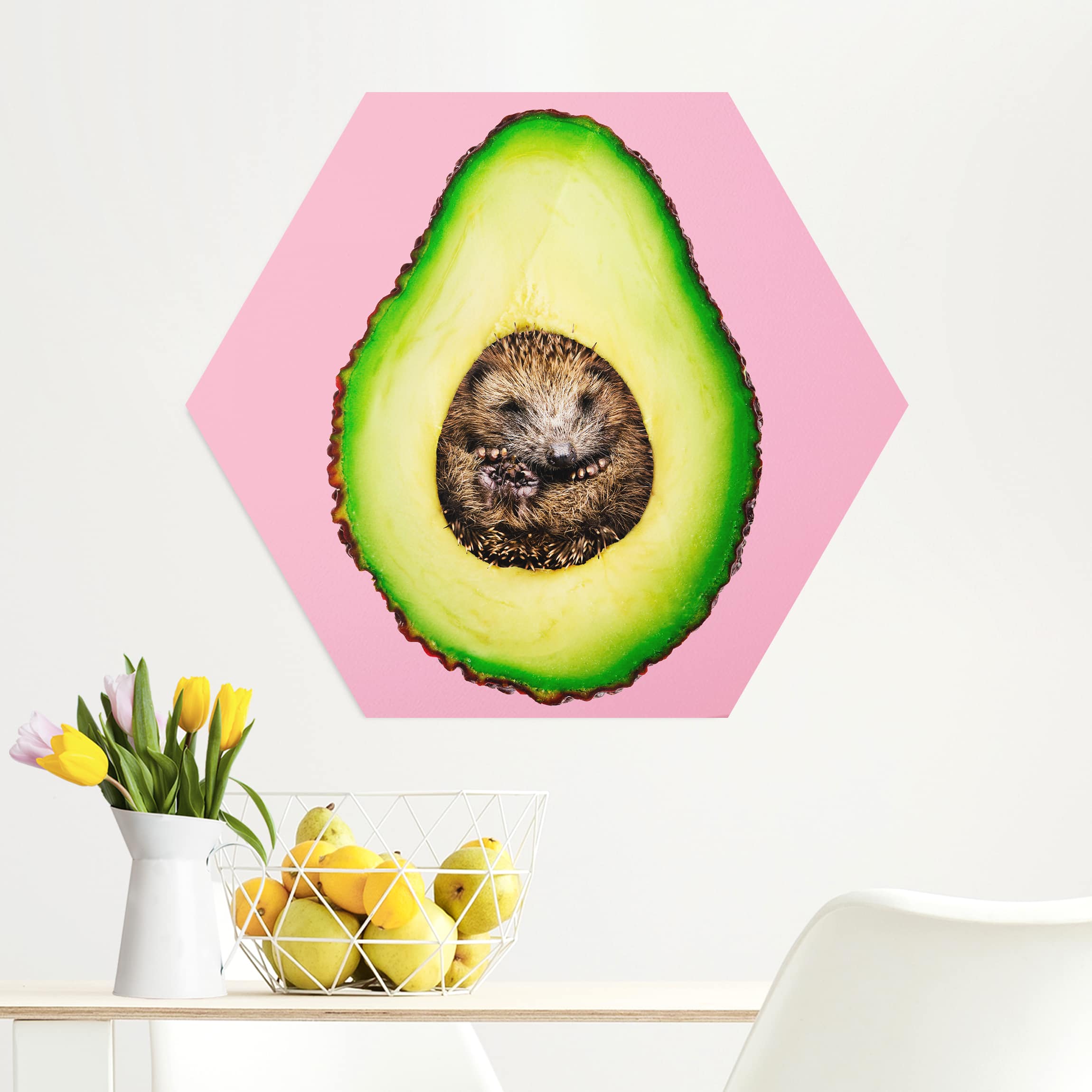 Hexagon-Alu-Dibond Bild Avocado mit Igel