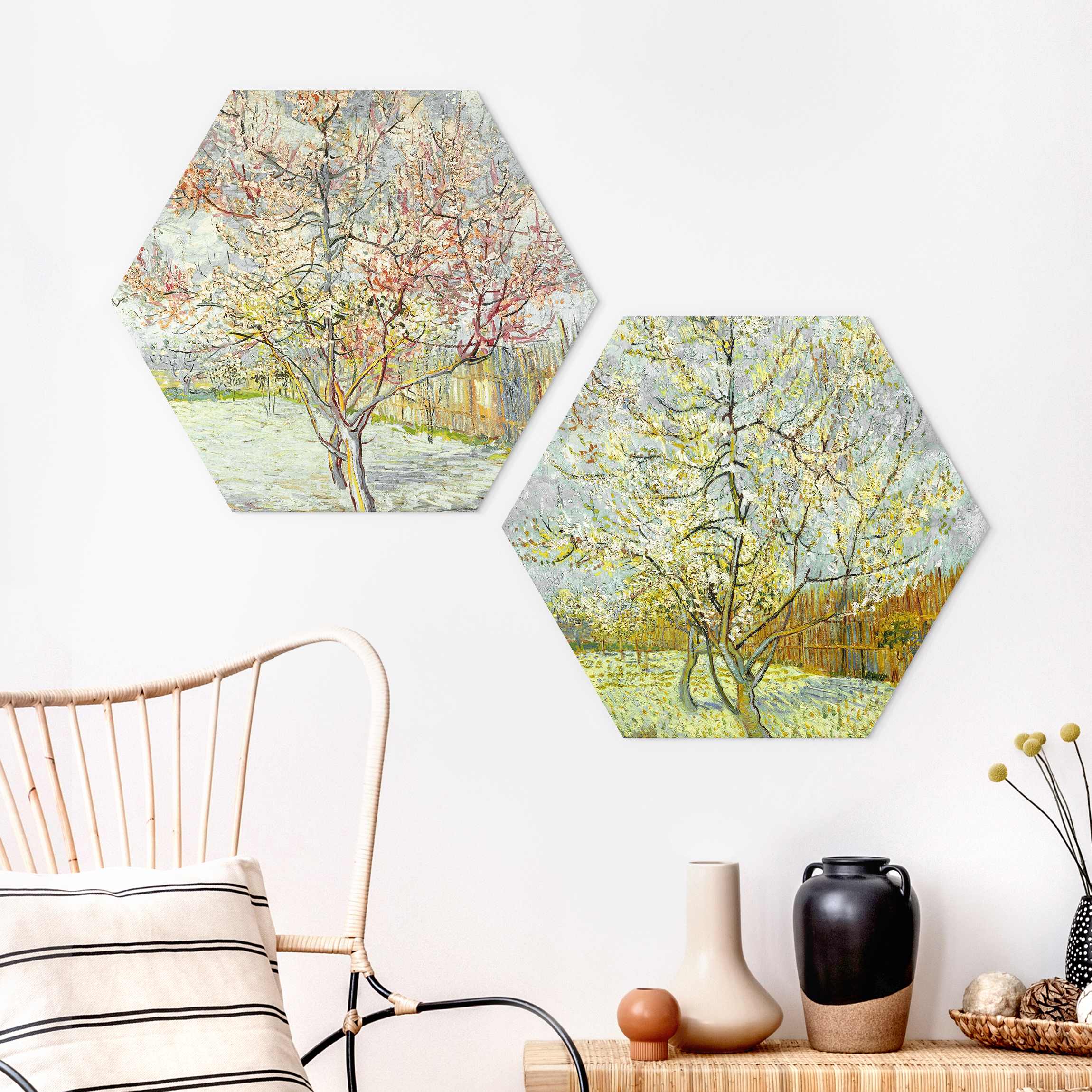 2-teiliges Hexagon-Forexbild Vincent van Gogh - Blühende Pfirsichbäume im Garten