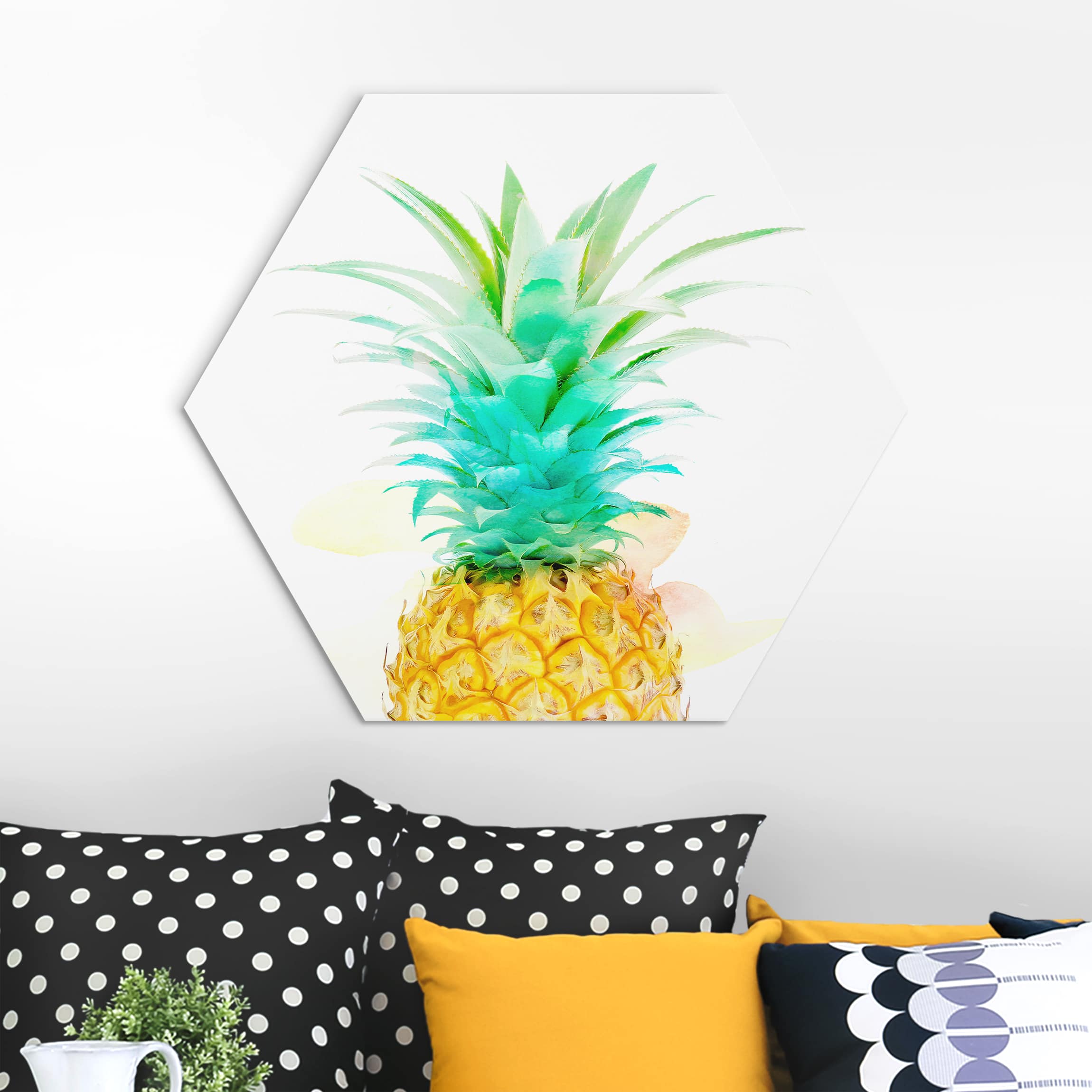 Hexagon-Alu-Dibond Bild Ananas Aquarell