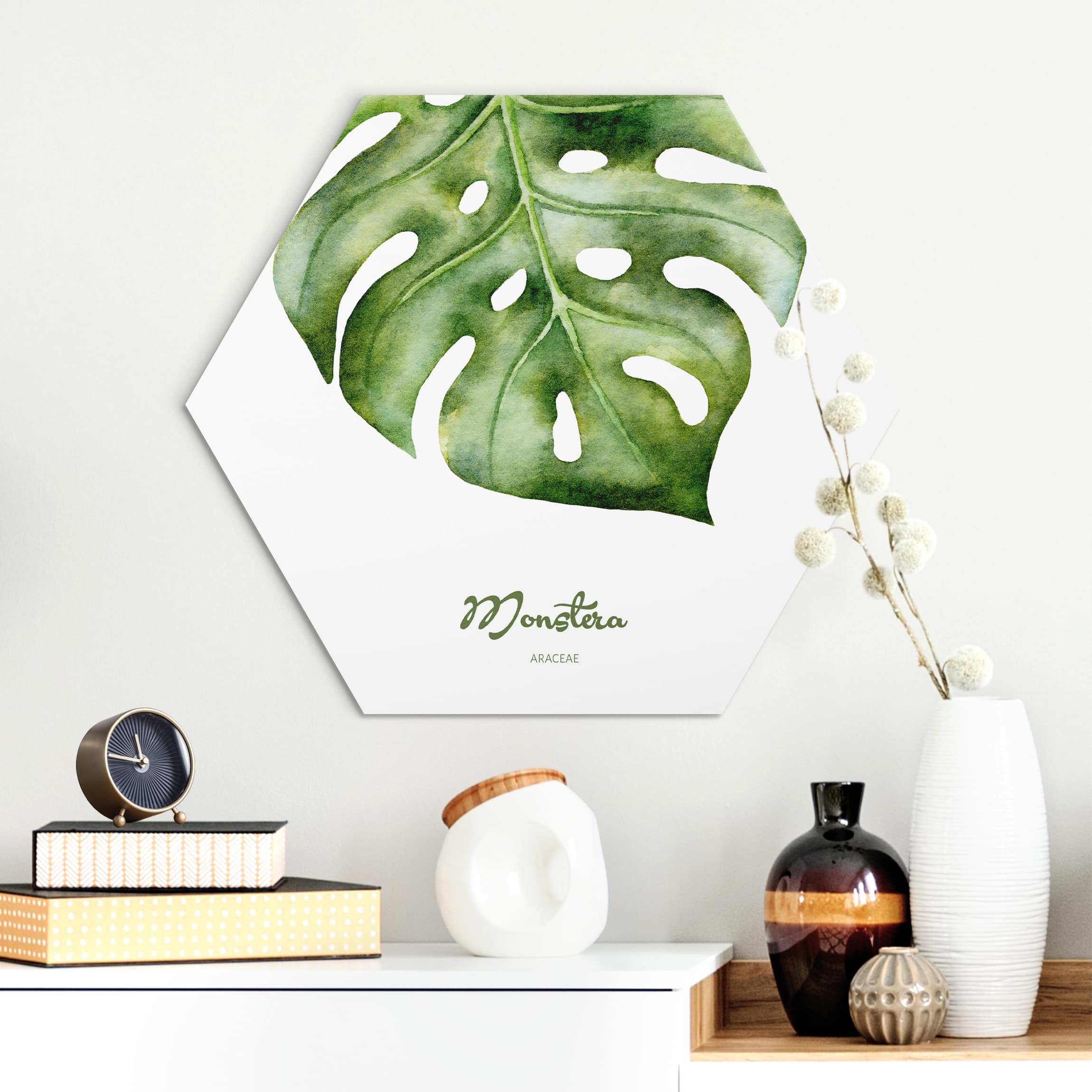 Hexagon-Alu-Dibond Bild Aquarell Botanik Monstera