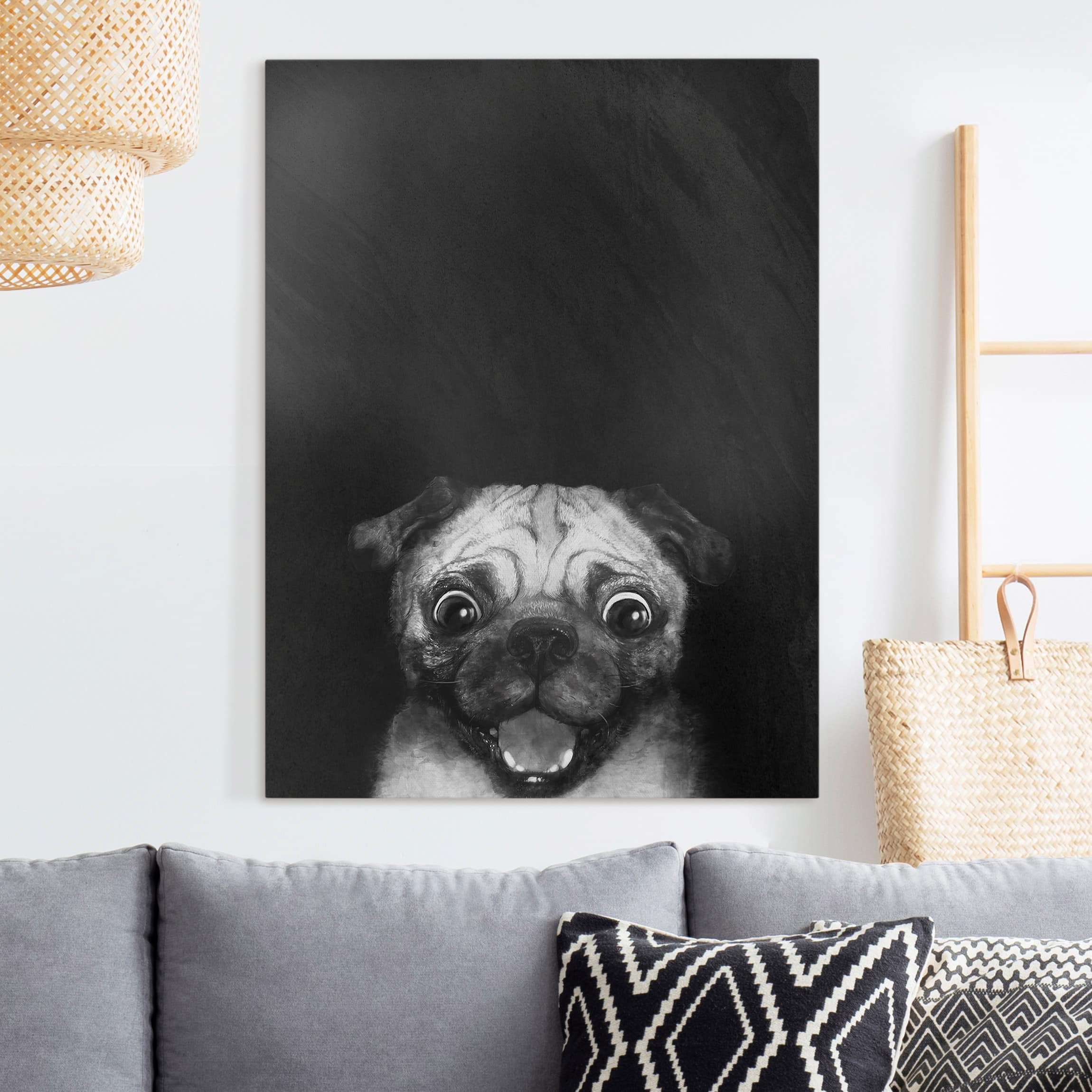 Leinwandbild - Hochformat Illustration Hund Mops Malerei auf Schwarz Weiß