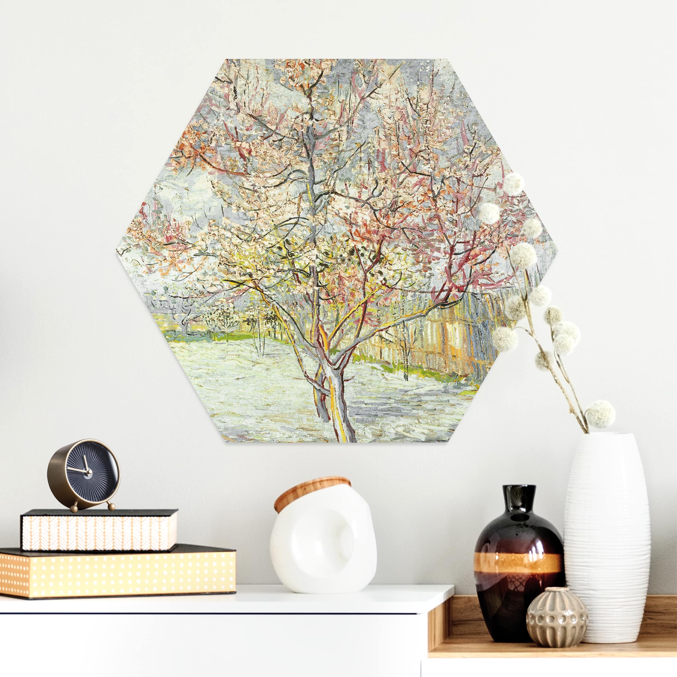 Hexagon-Alu-Dibond Bild Vincent van Gogh - Blühende Pfirsichbäume