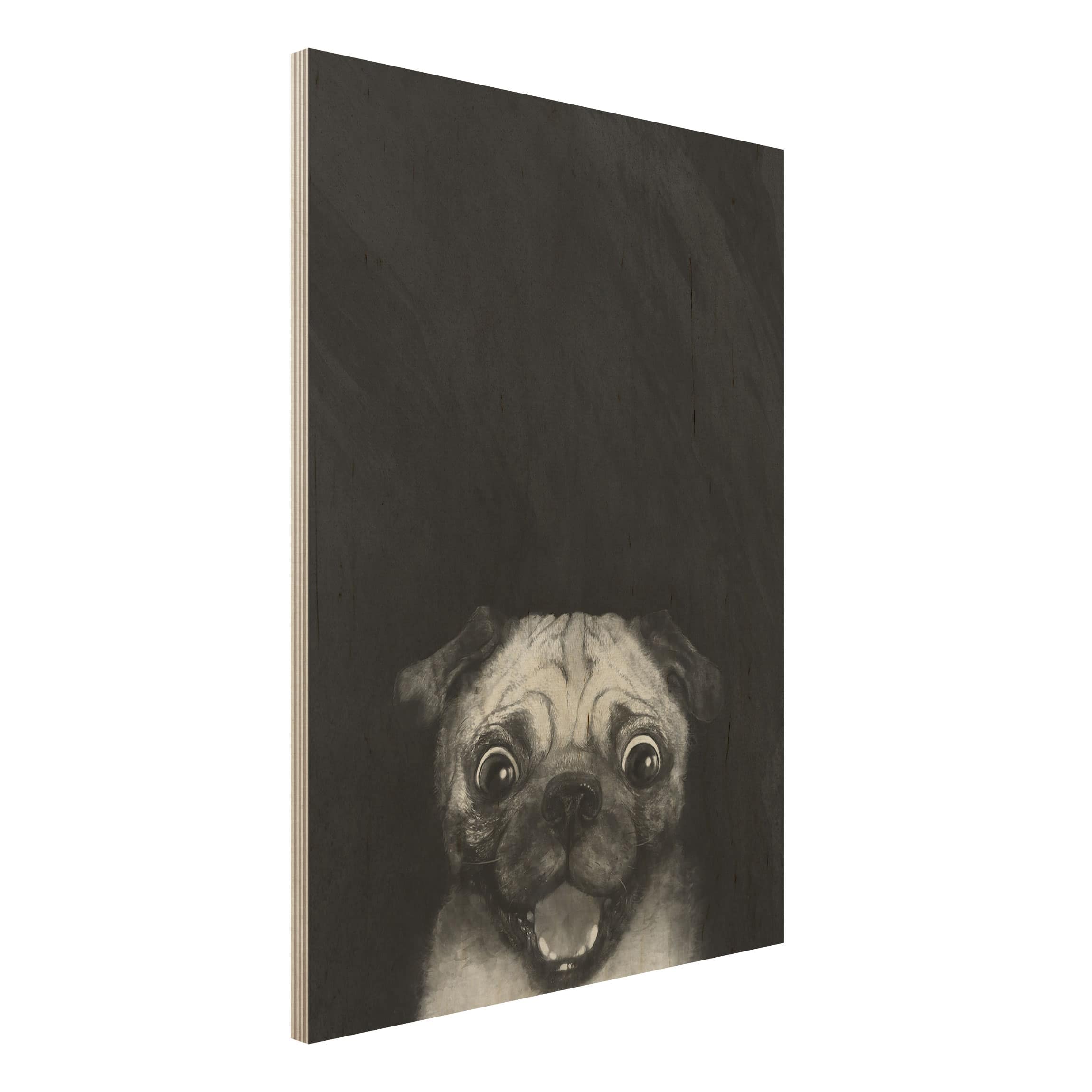 Holzbild - Hochformat 3:4 Illustration Hund Mops Malerei auf Schwarz Weiß