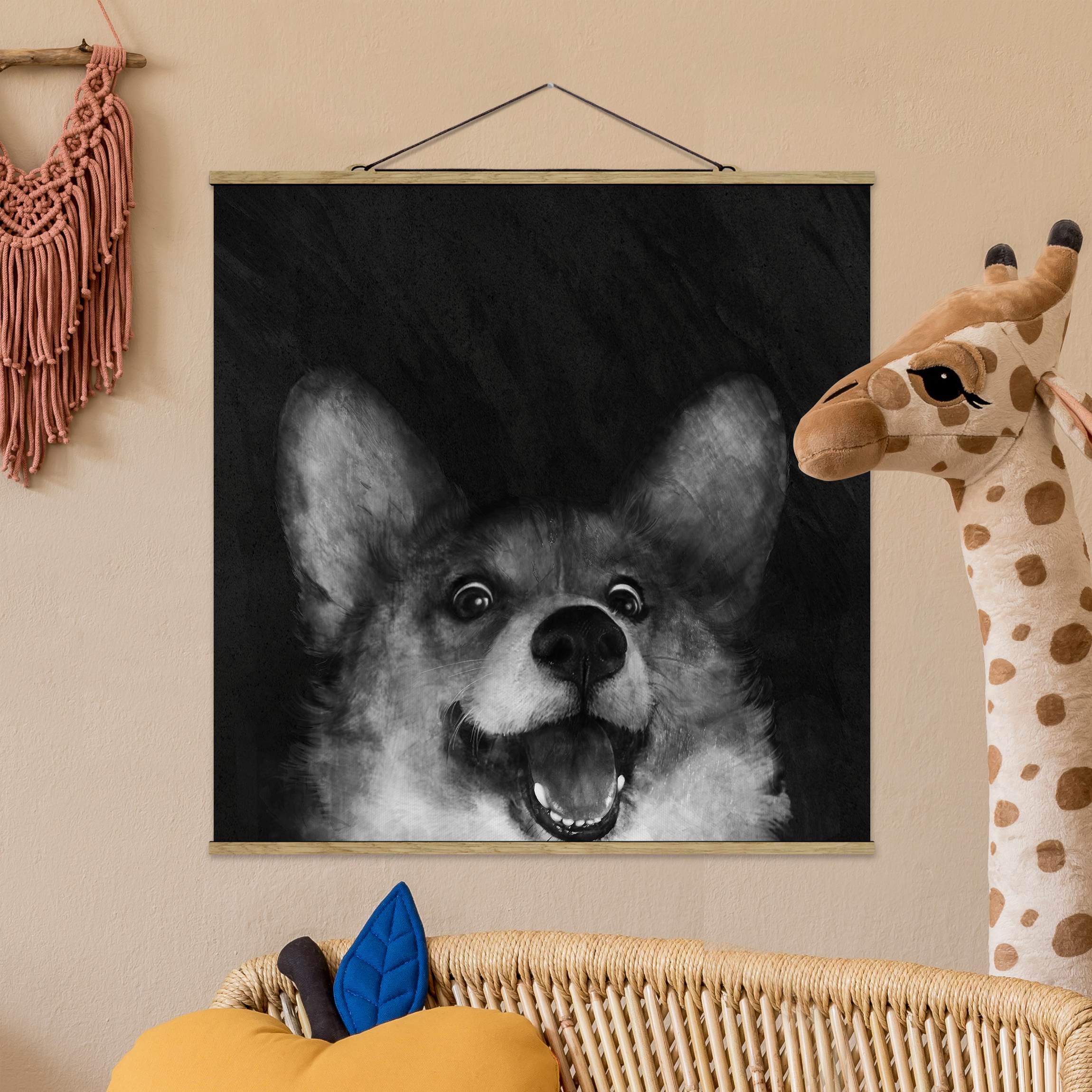 Stoffbild mit Posterleisten Illustration Hund Corgi Malerei Schwarz Weiß