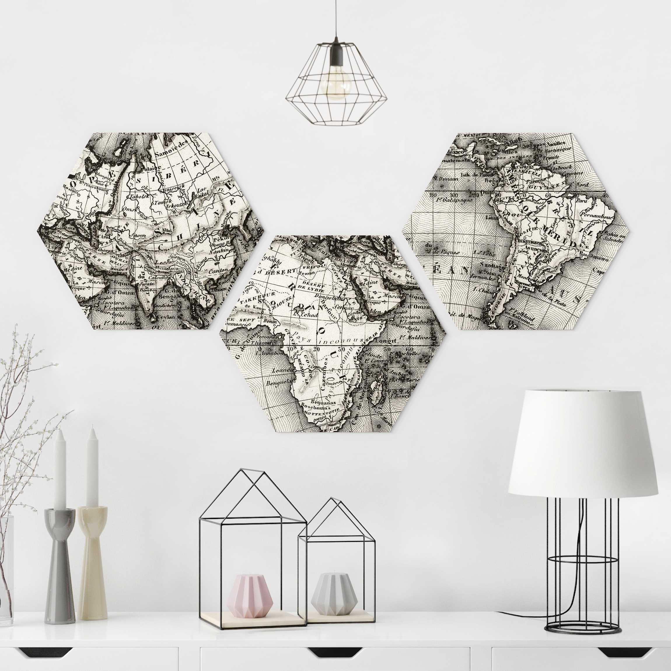 3-teiliges Hexagon-Alu-Dibond Bild Alte Weltkarte Details
