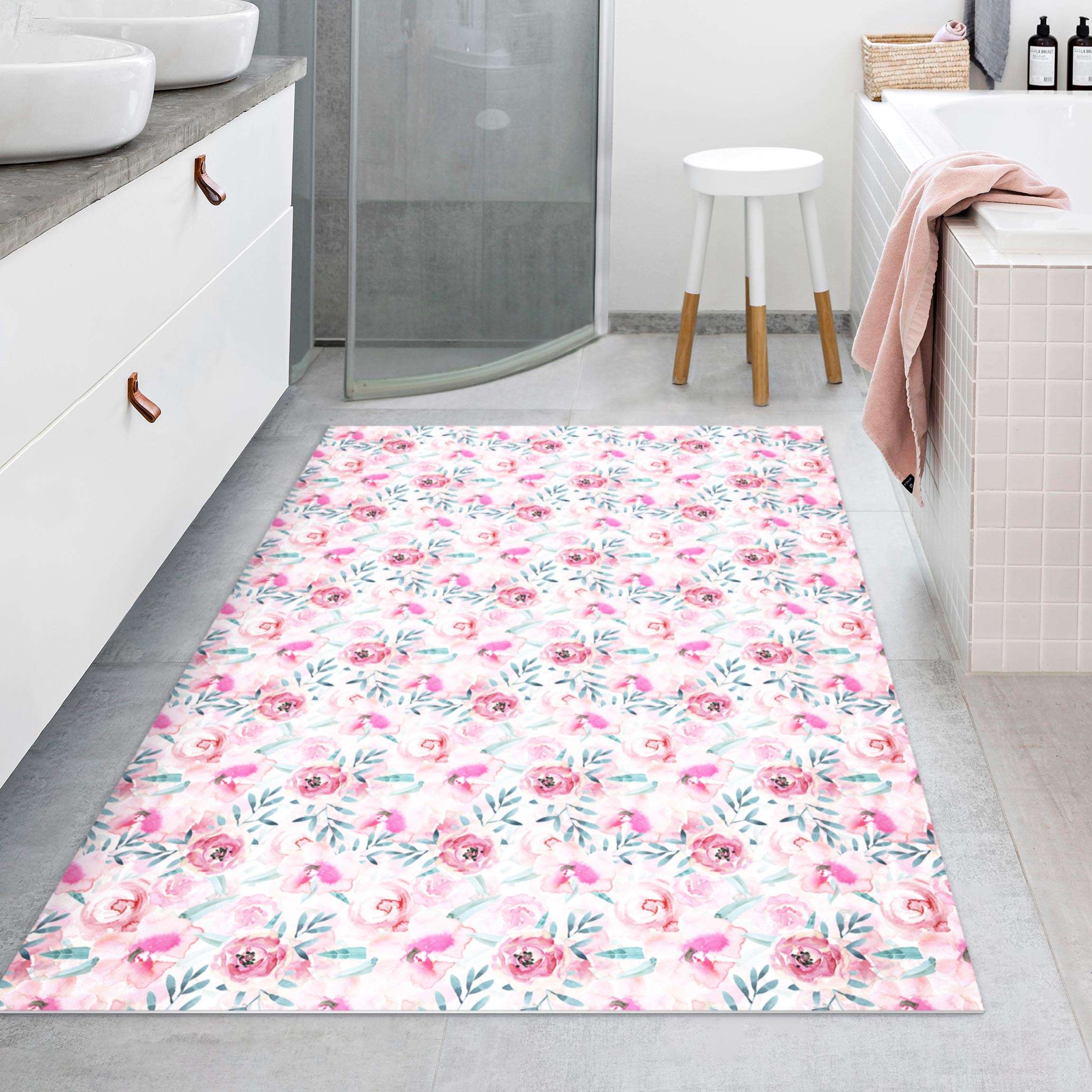Vinylteppich Aquarell Blumen Pink mit Blauen Blättern