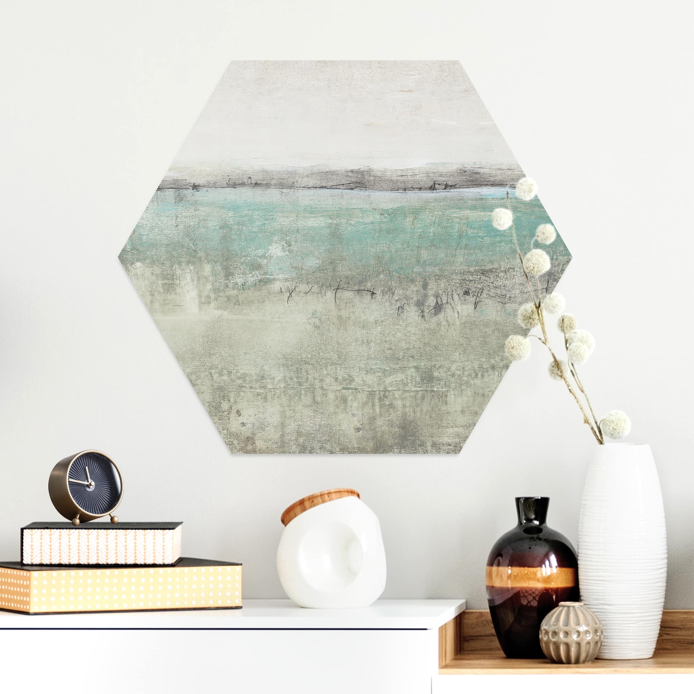 Hexagon-Alu-Dibond Bild Horizont über Türkis I