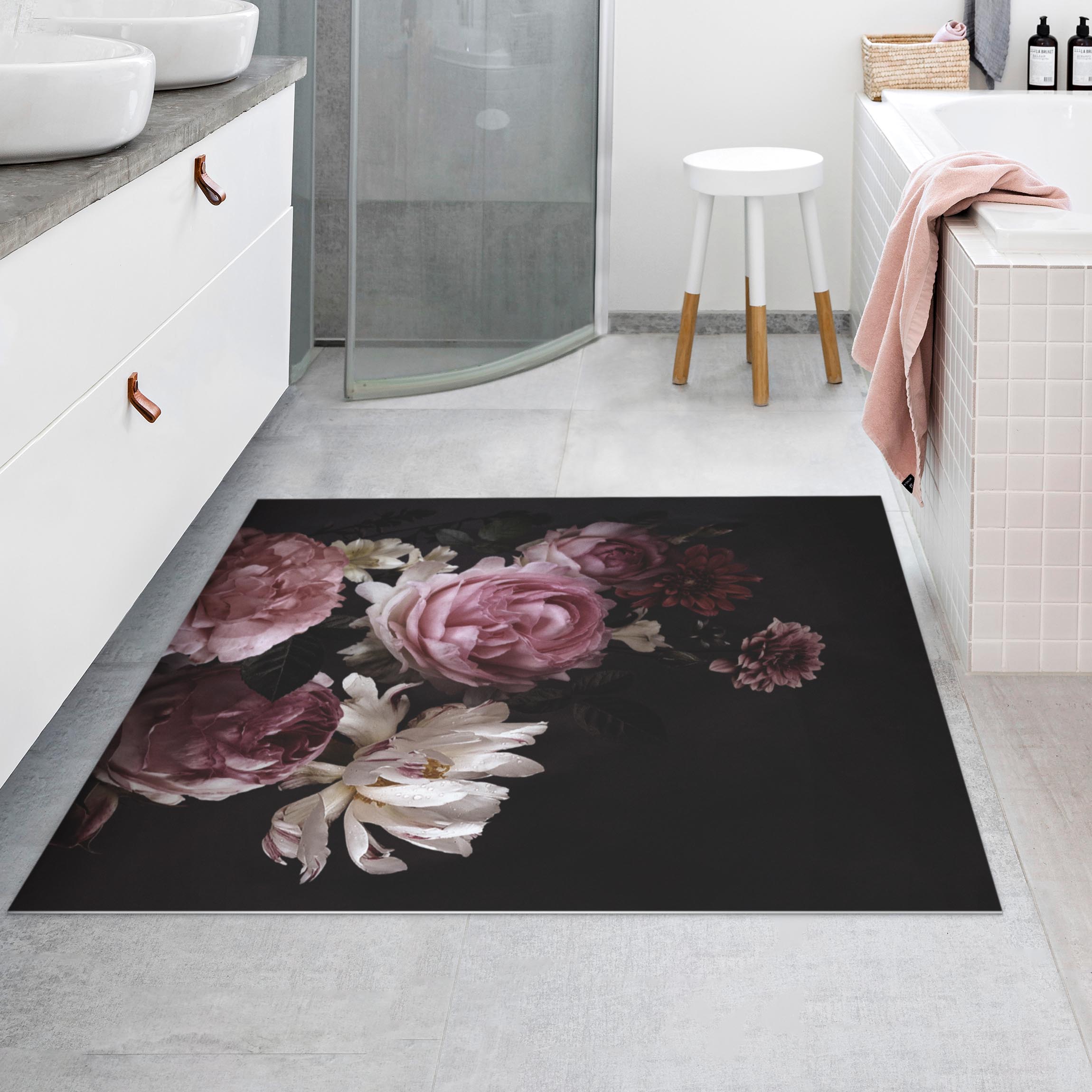 Vinylteppich Rosa Blumen auf Schwarz Vintage