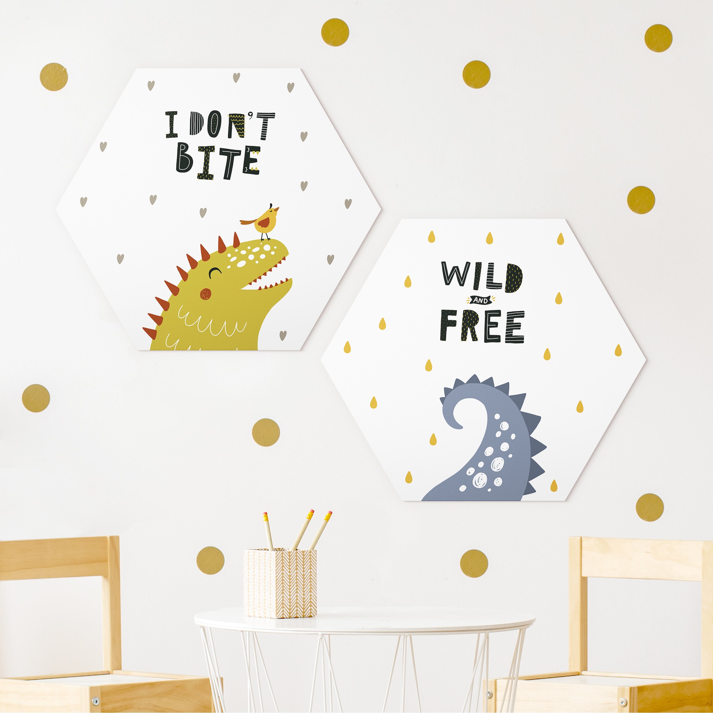 2-teiliges Hexagon-Alu-Dibond Bild Dino Liebe Set I