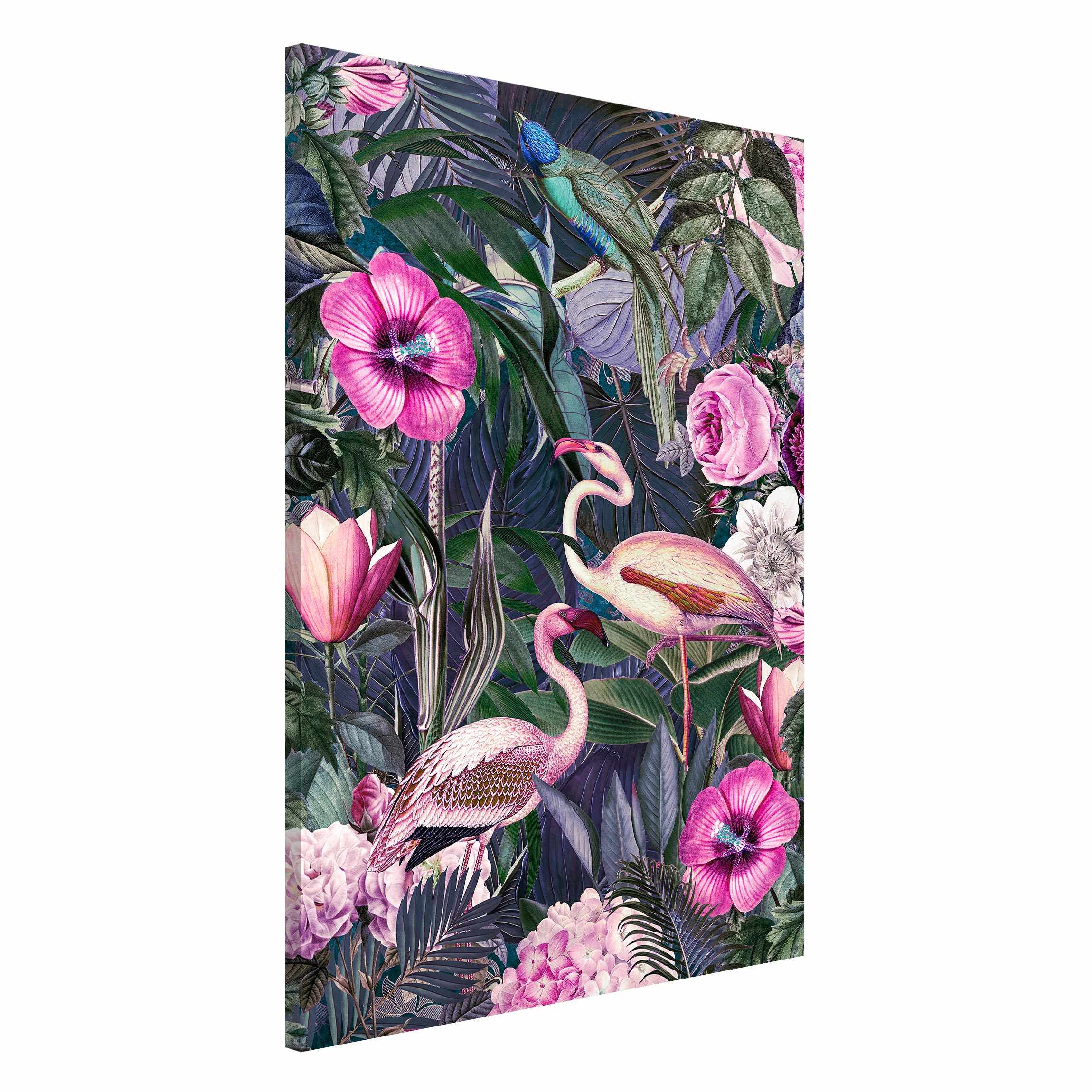 Magnettafel Bunte Collage - Pinke Flamingos im Dschungel