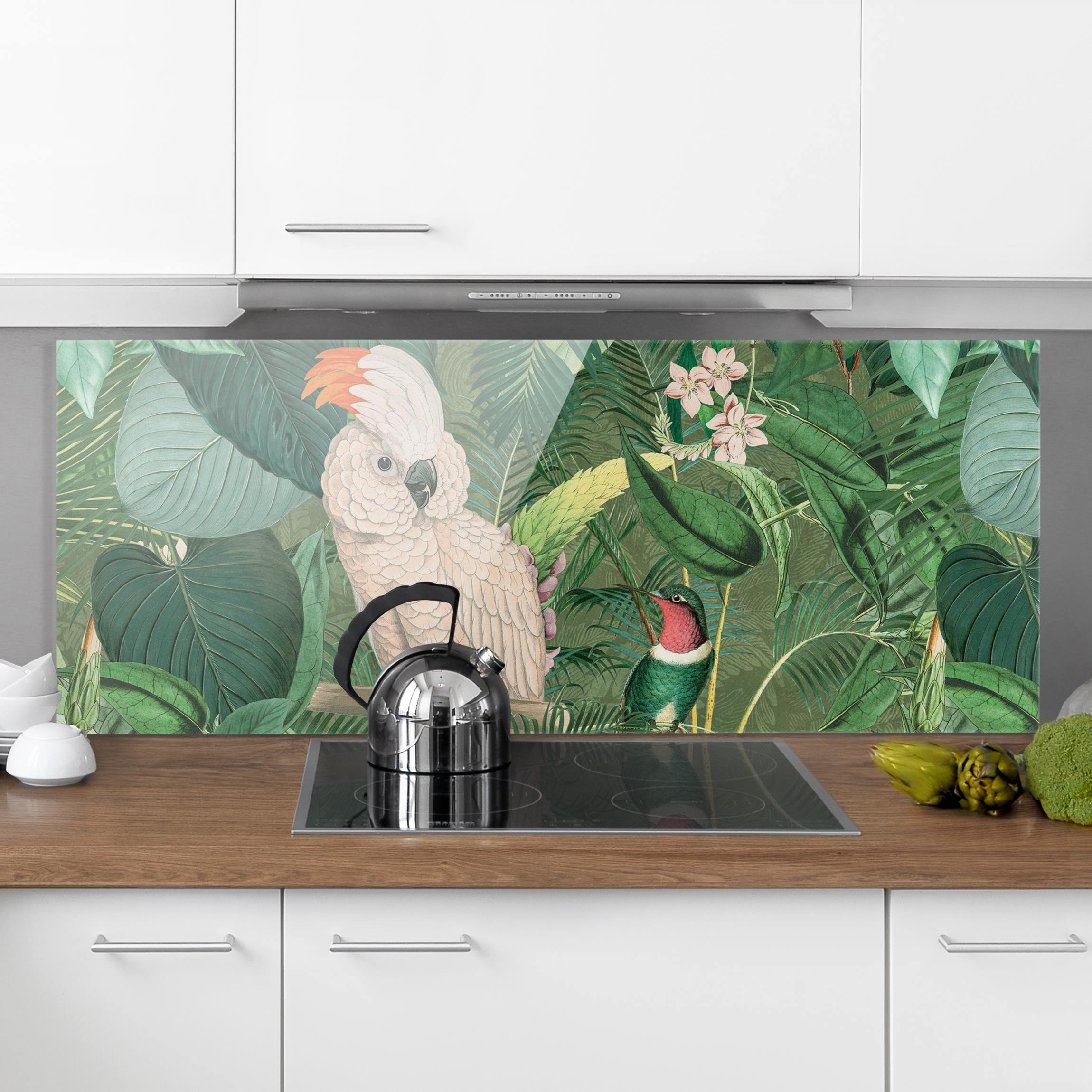 Spritzschutz Vintage Collage - Kakadu und Kolibri