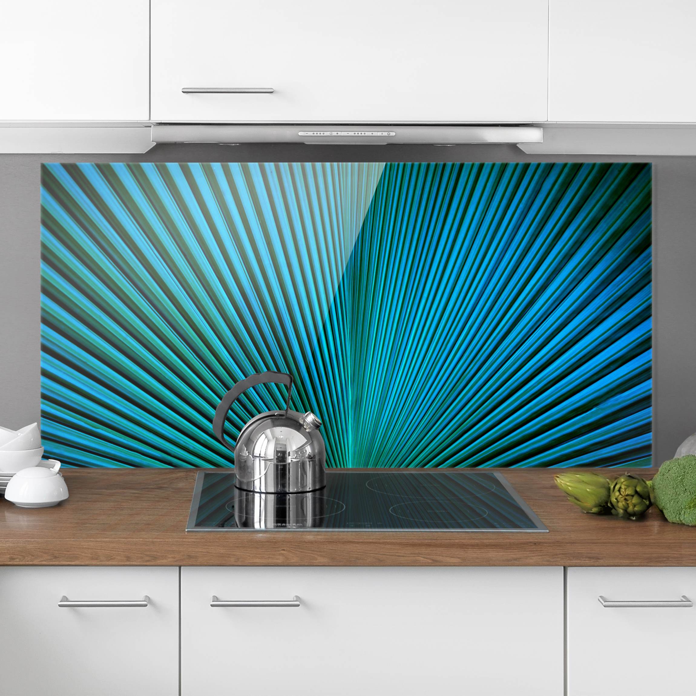 Glas Spritzschutz Tropische Pflanzen Palmenblatt in Türkis II