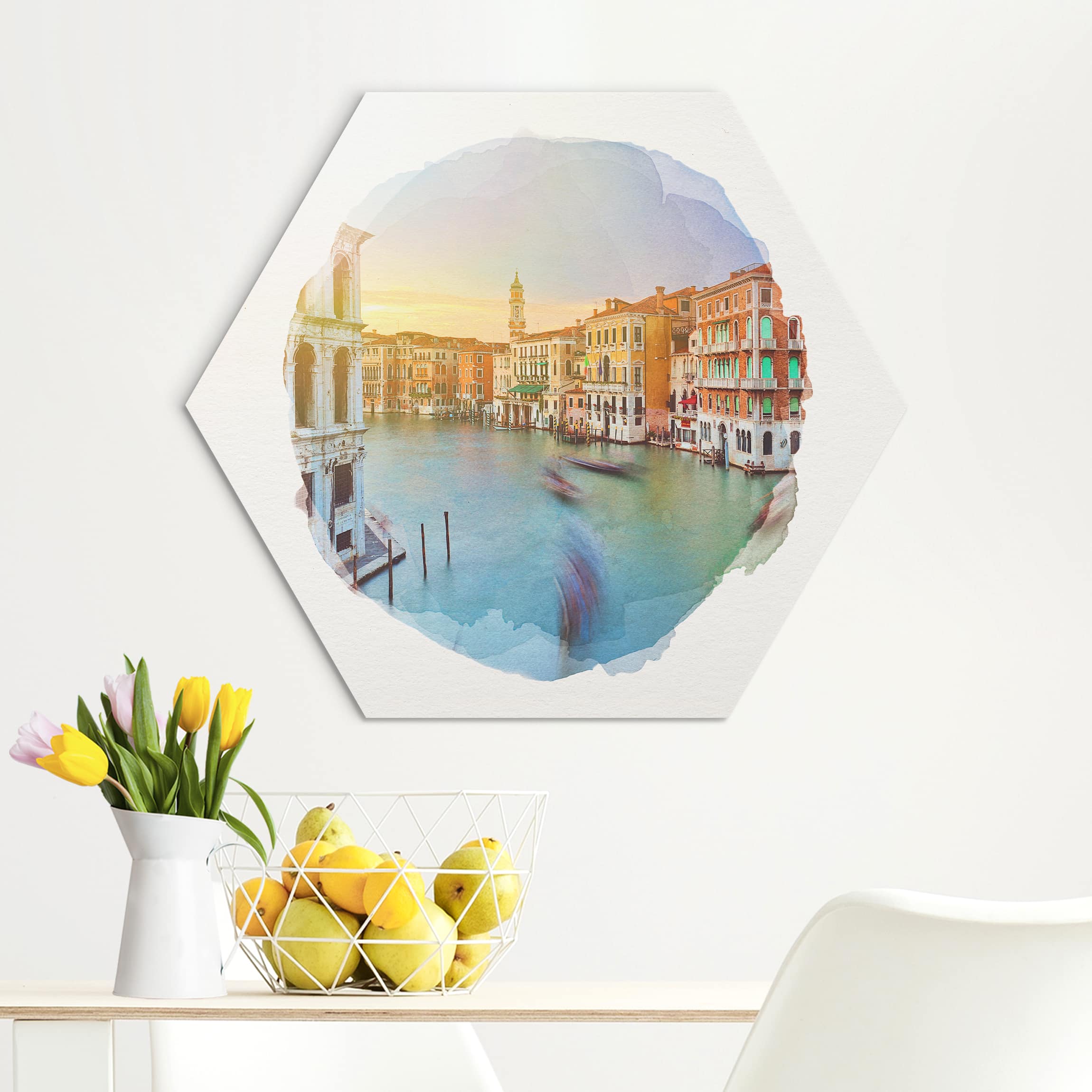 Hexagon-Alu-Dibond Bild Wasserfarben - Canale Grande Blick von der Rialtobrücke Venedig