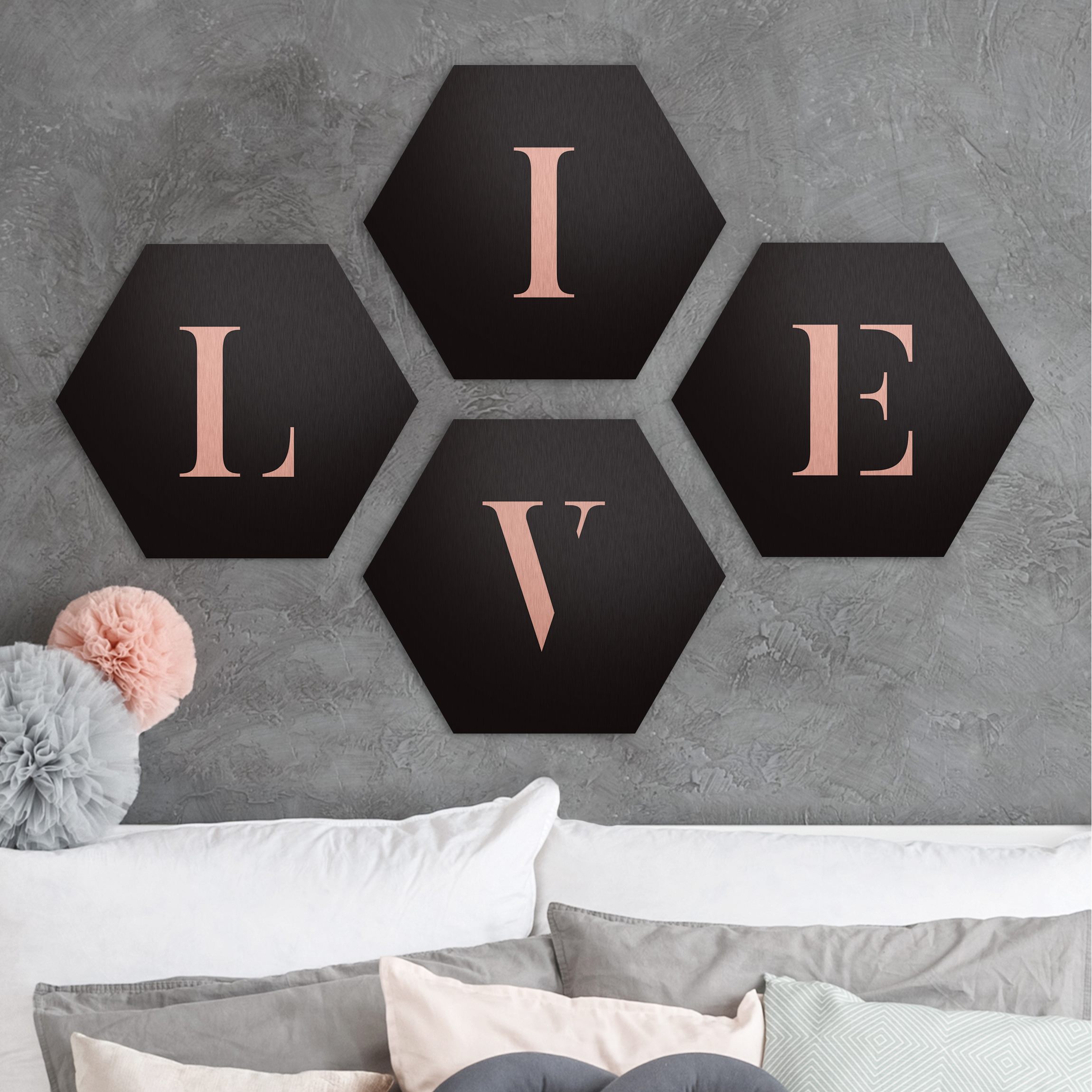 4-teiliges Hexagon-Alu-Dibond Bild Buchstaben LIVE Weiß Set II