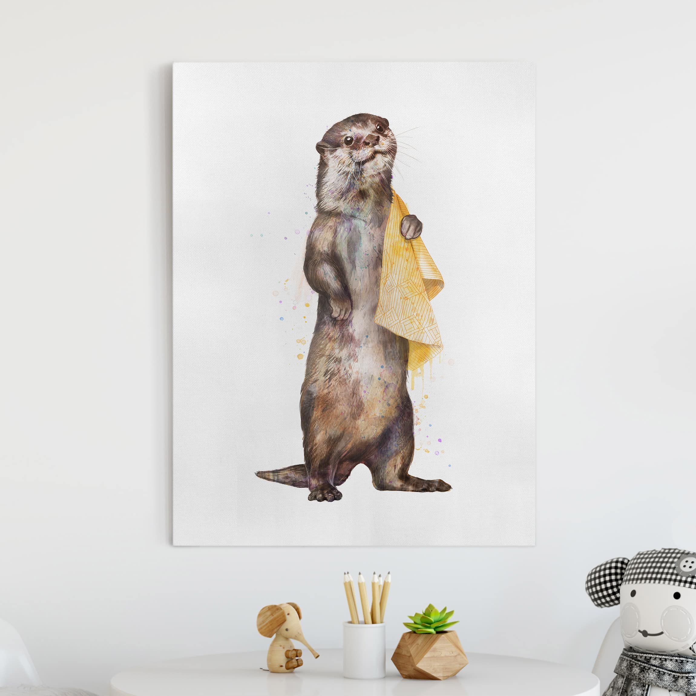Leinwandbild - Hochformat Illustration Otter mit Handtuch Malerei Weiß
