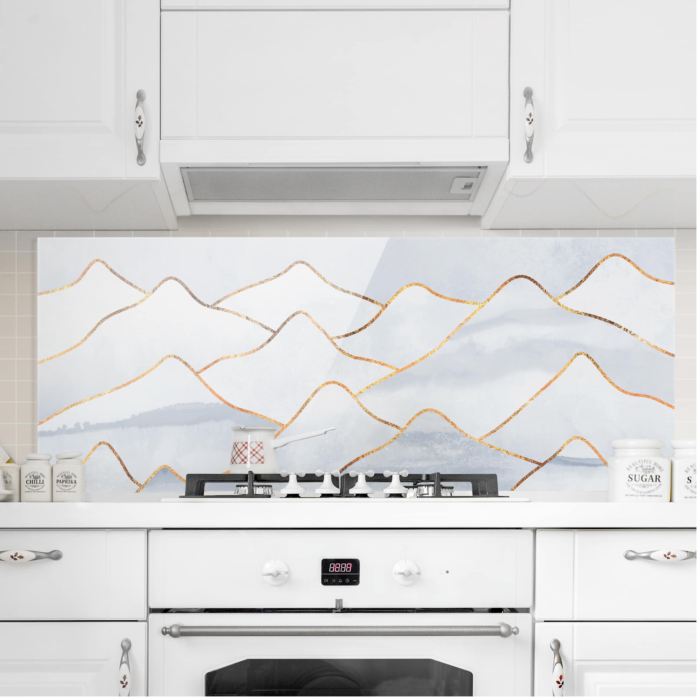 Glas Spritzschutz - Panorama Aquarell Berge Weiß Gold