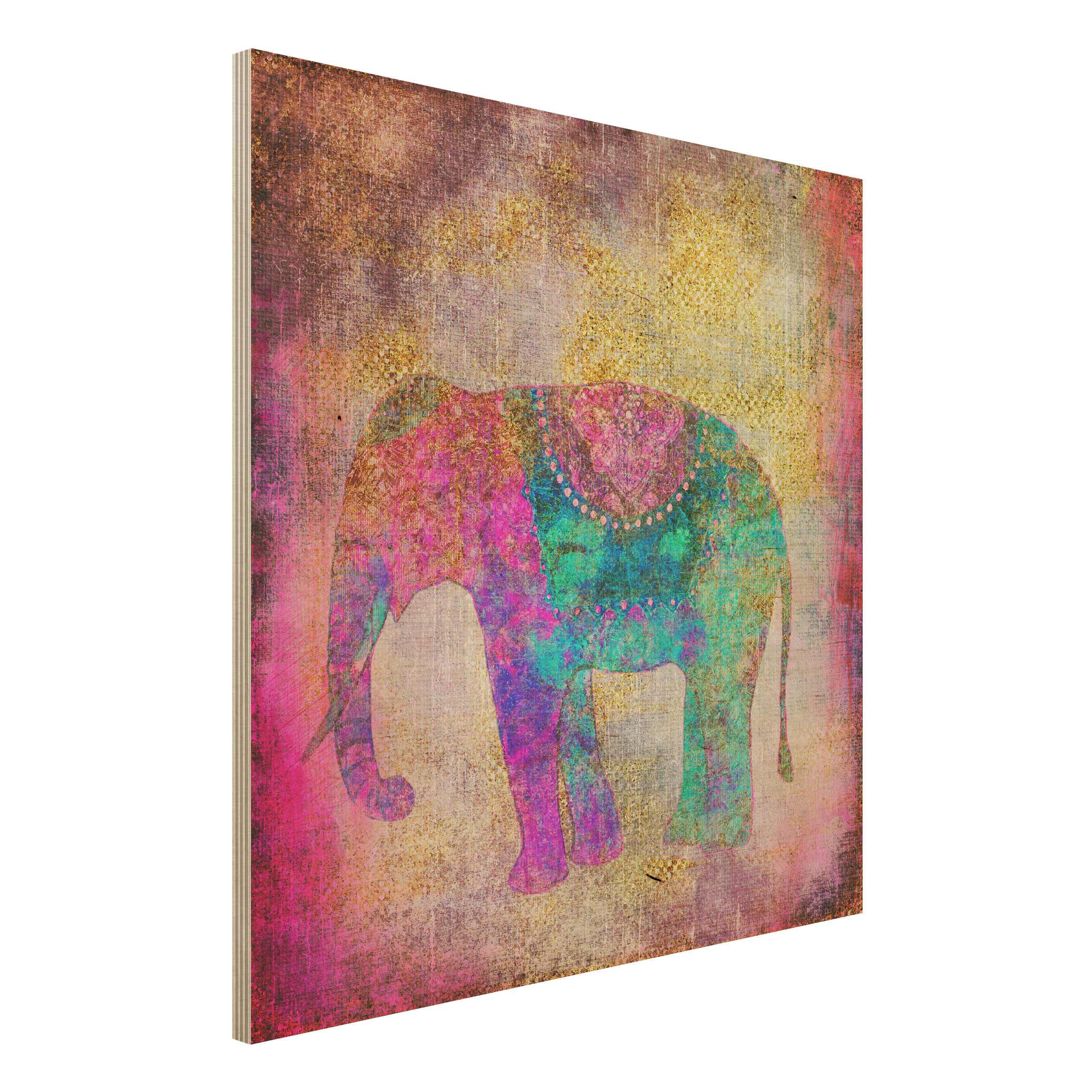 Holzbild Bunte Collage - Indischer Elefant