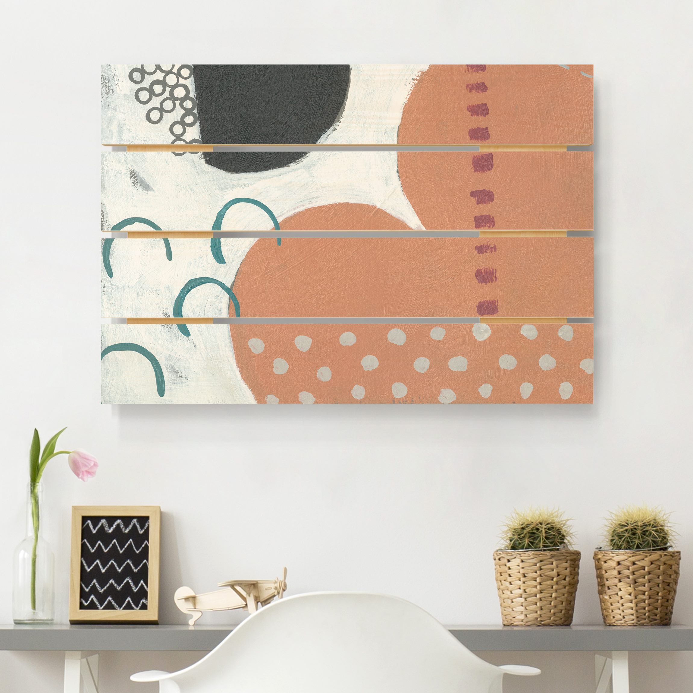 Holzbild Plankenoptik - Querformat Karneval der Formen in Lachs III