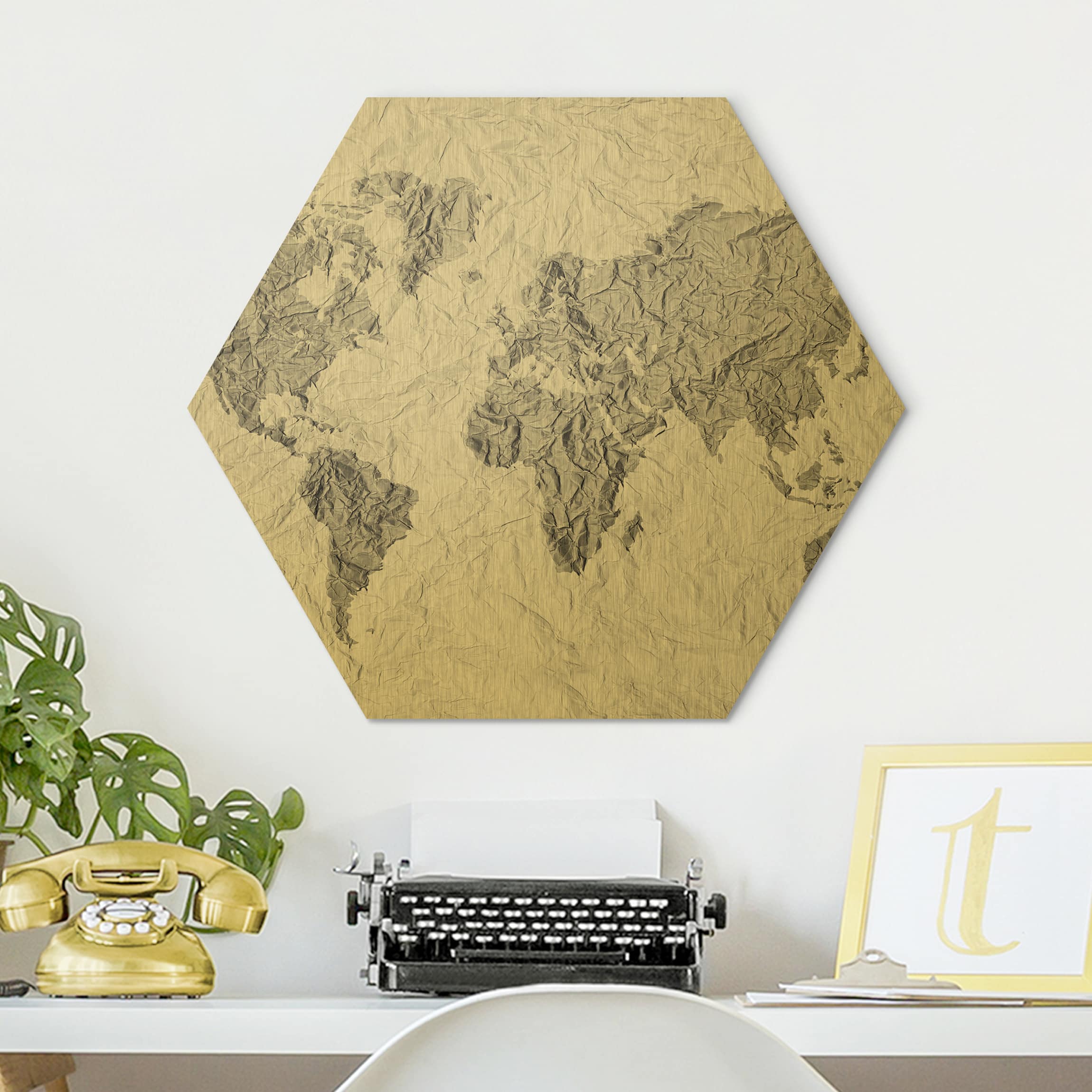 Hexagon-Alu-Dibond Bild Papier Weltkarte Weiß Grau