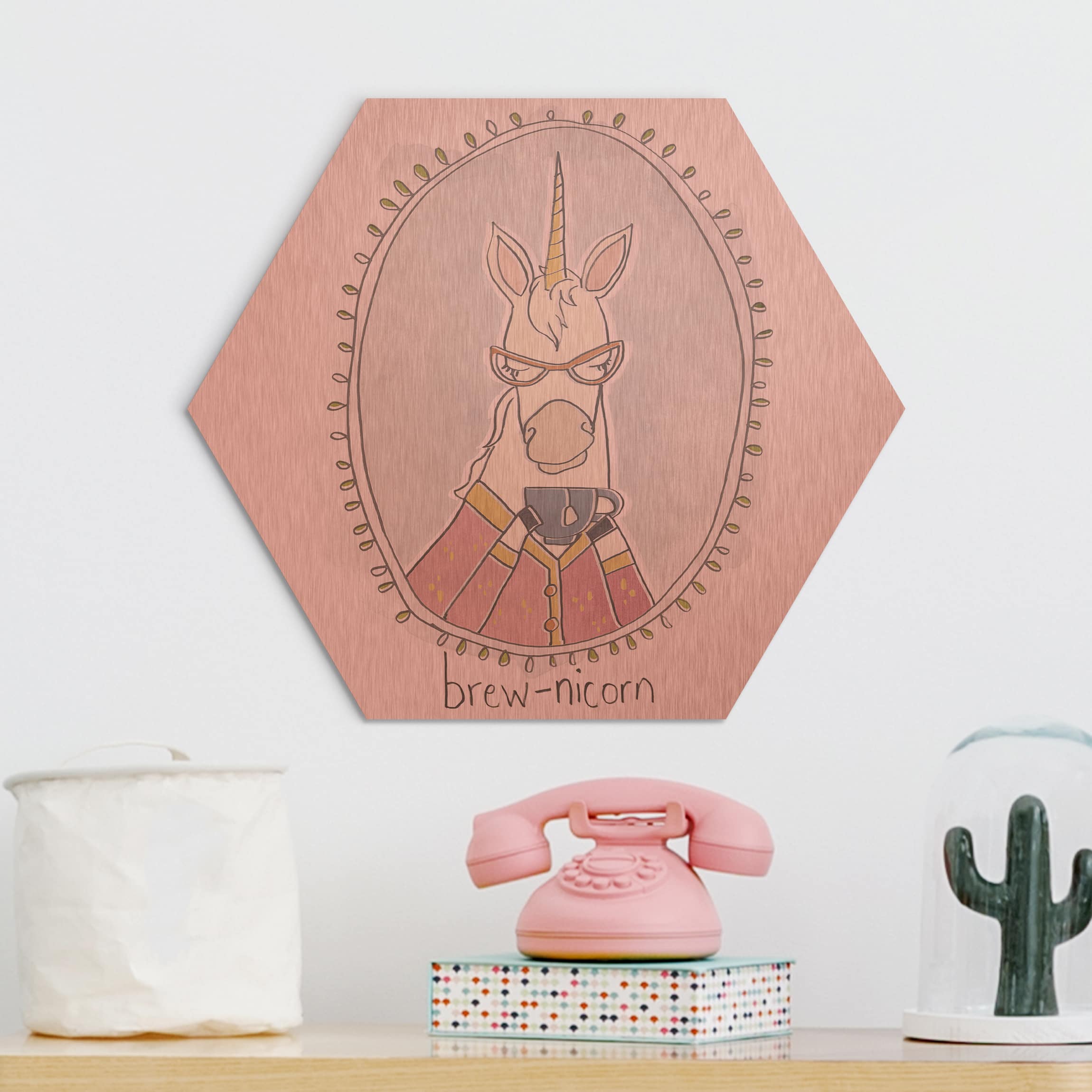 Hexagon-Alu-Dibond Bild Koffeinhaltiges Einhorn