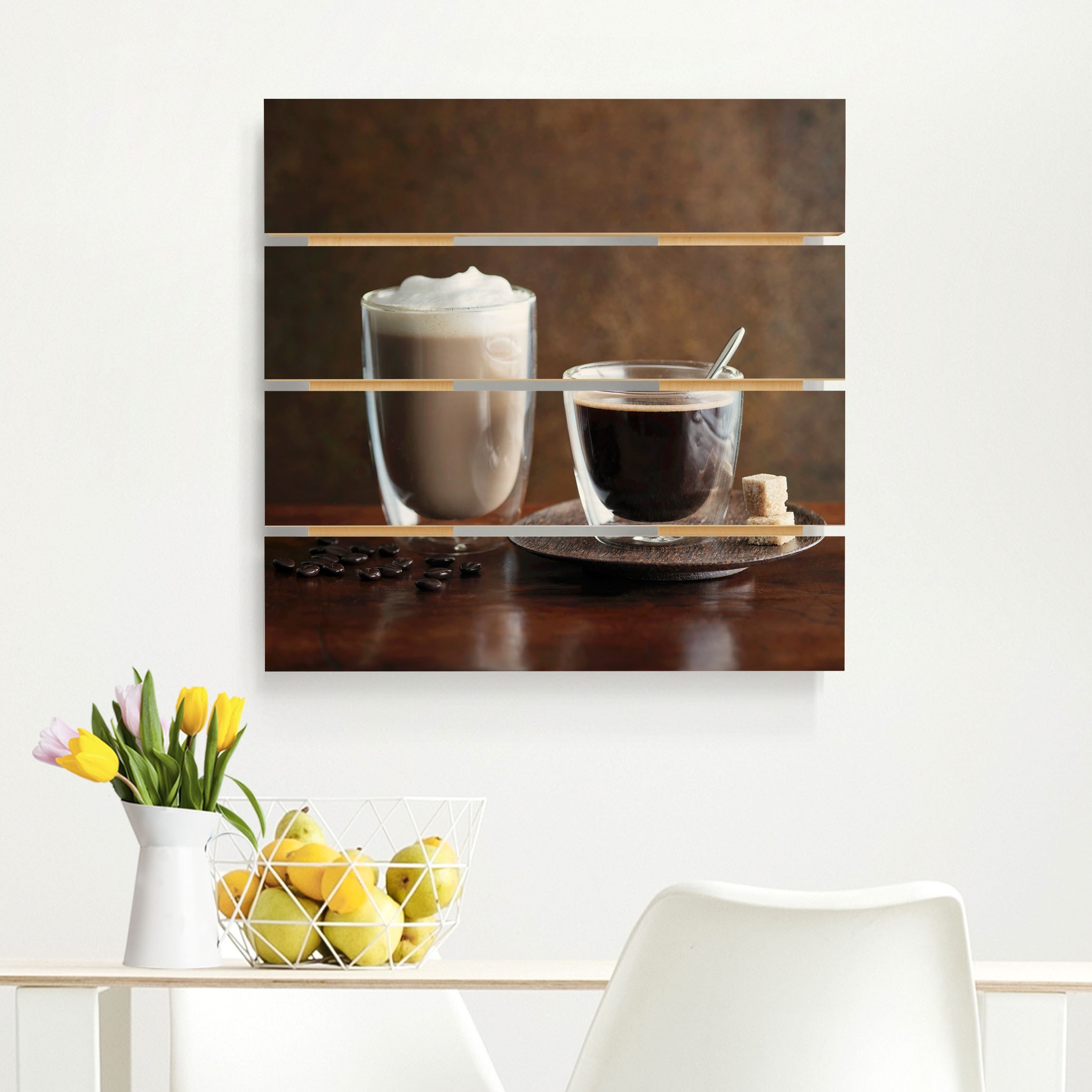 Holzbild Plankenoptik Espresso und Milchkaffee
