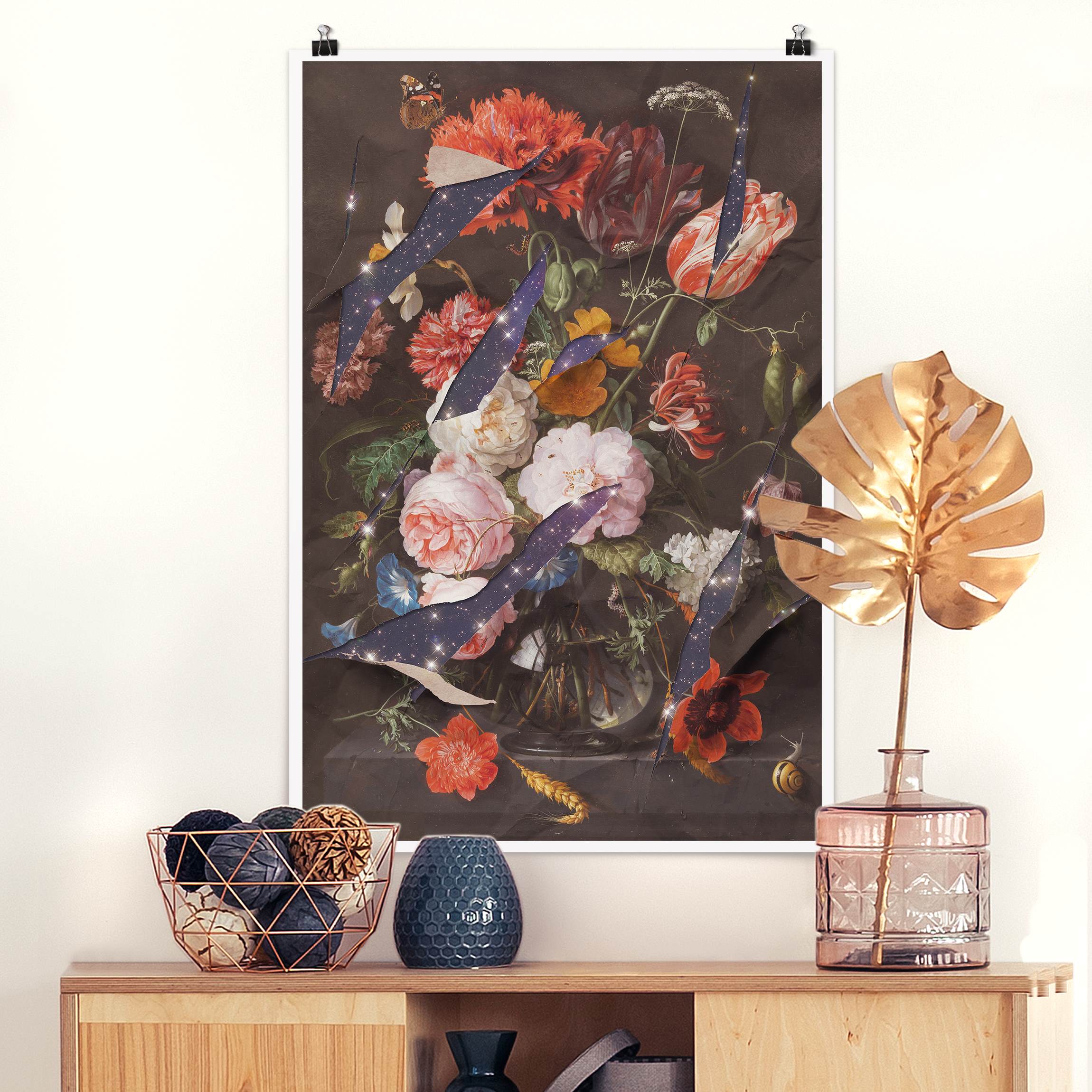 Poster - Hochformat Blumen mit Galaxie