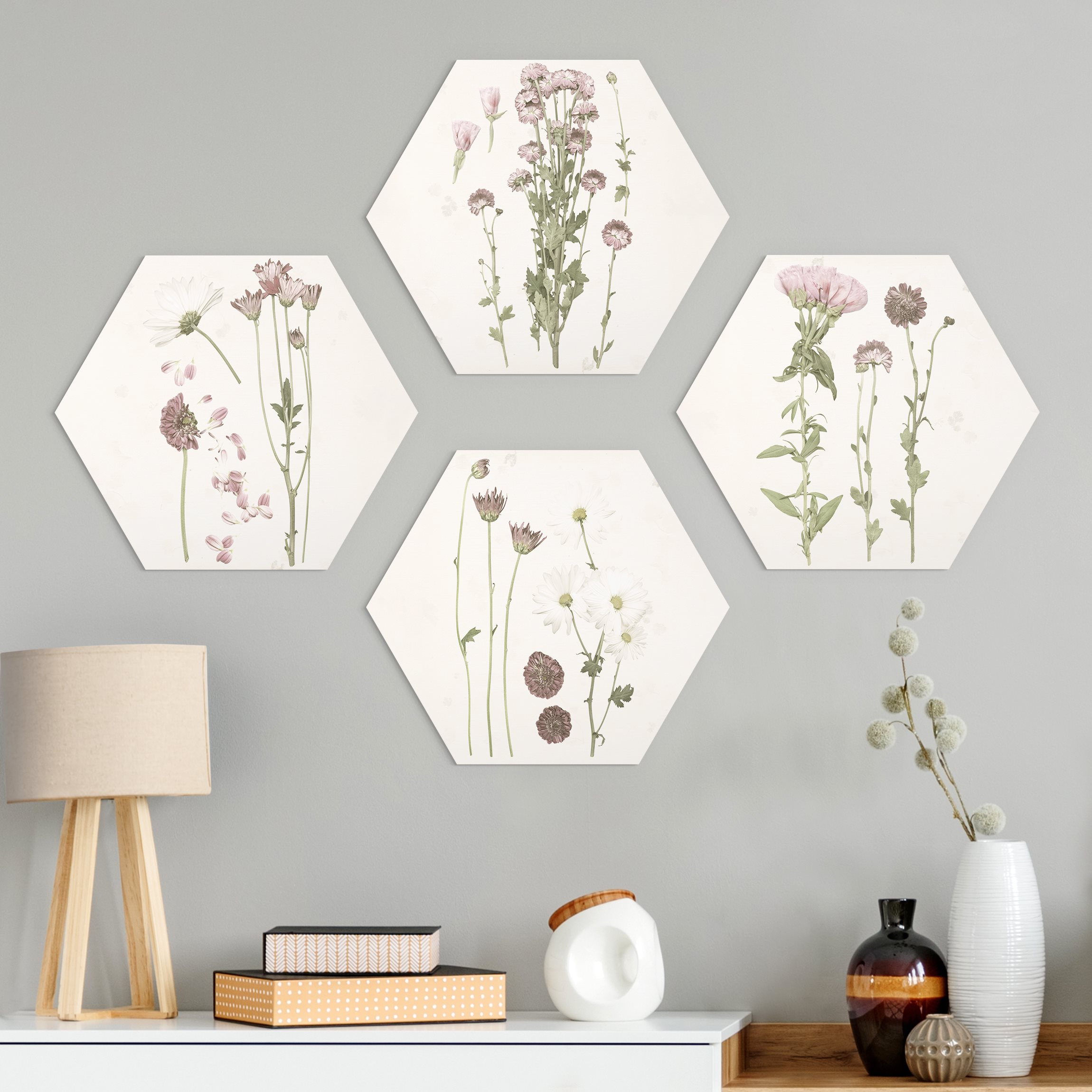 4-teiliges Hexagon-Alu-Dibond Bild Herbarium in rosa Set I