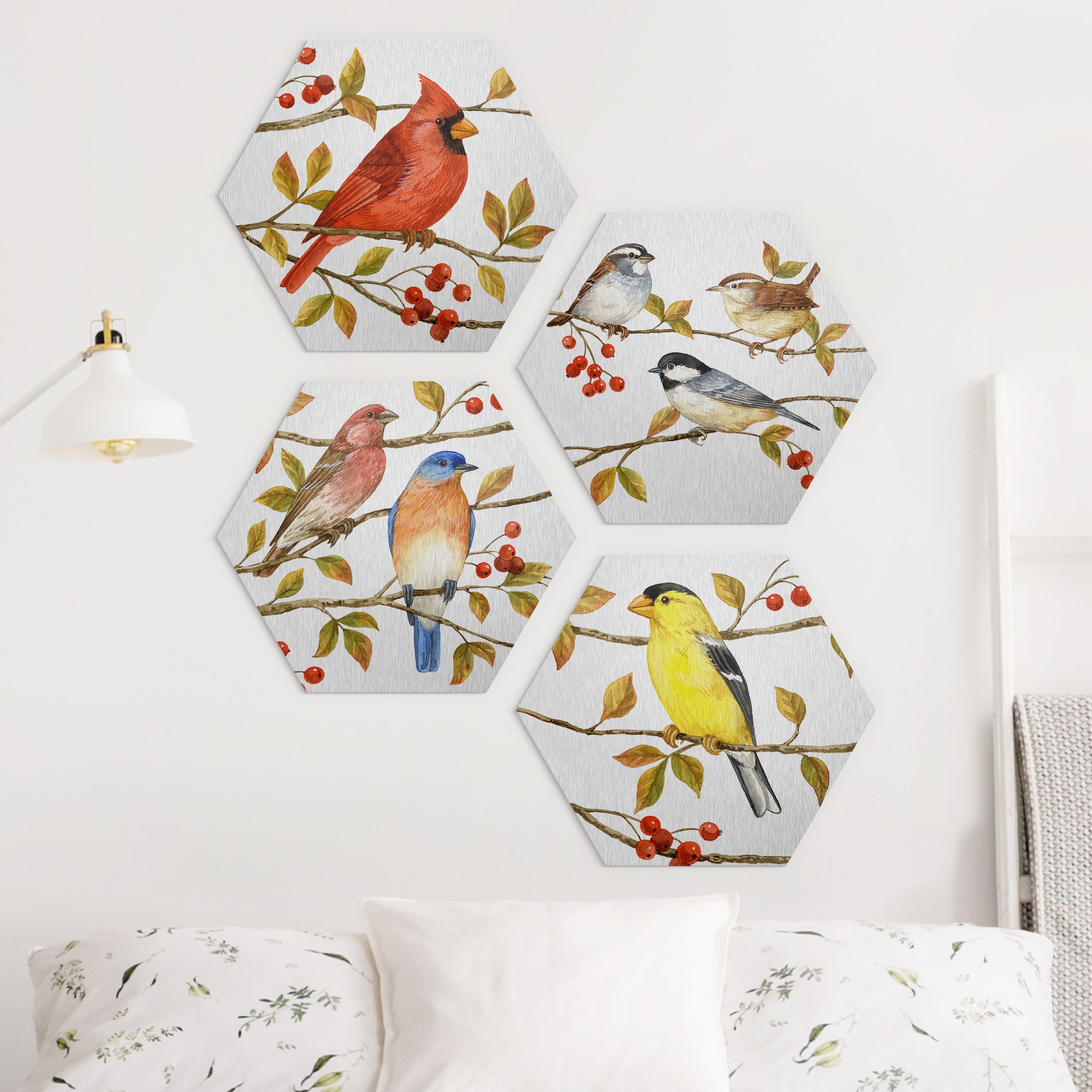 4-teiliges Hexagon-Alu-Dibond Bild Vögel und Beeren Set II