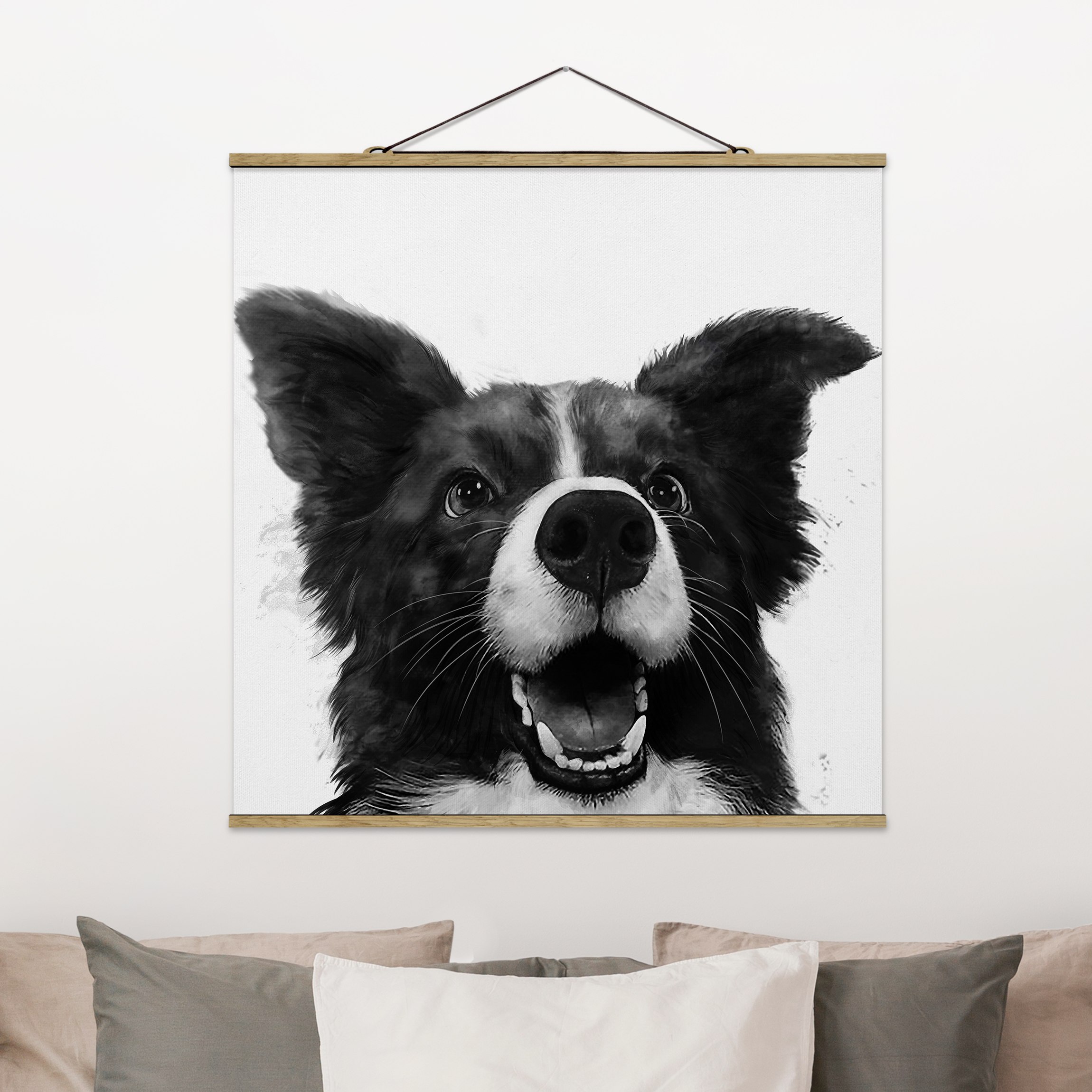 Stoffbild mit Posterleisten Illustration Hund Border Collie Schwarz Weiß Malerei