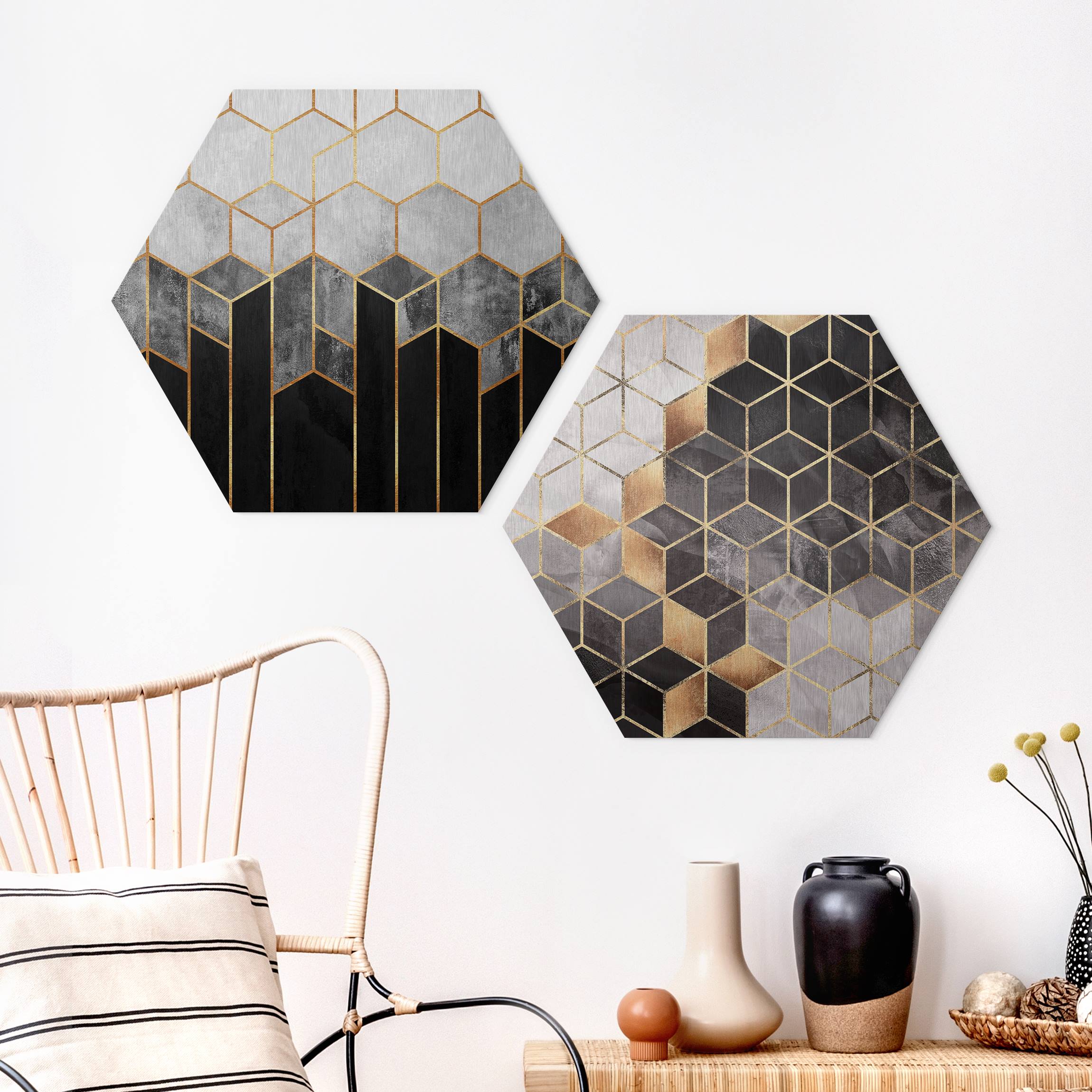 2-teiliges Hexagon-Alu-Dibond Bild Goldene Geometrie Aquarell Set