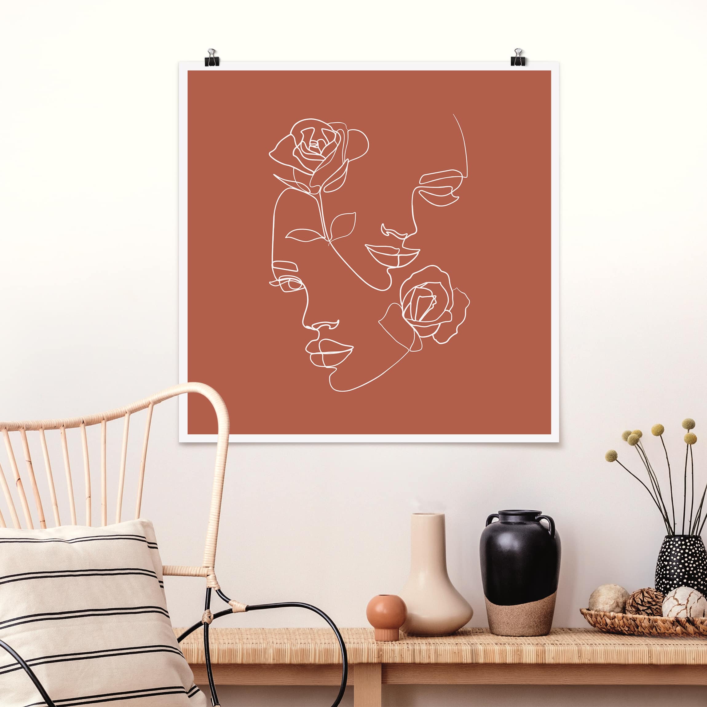 Poster - Quadrat Line Art Gesichter Frauen Rosen Kupfer