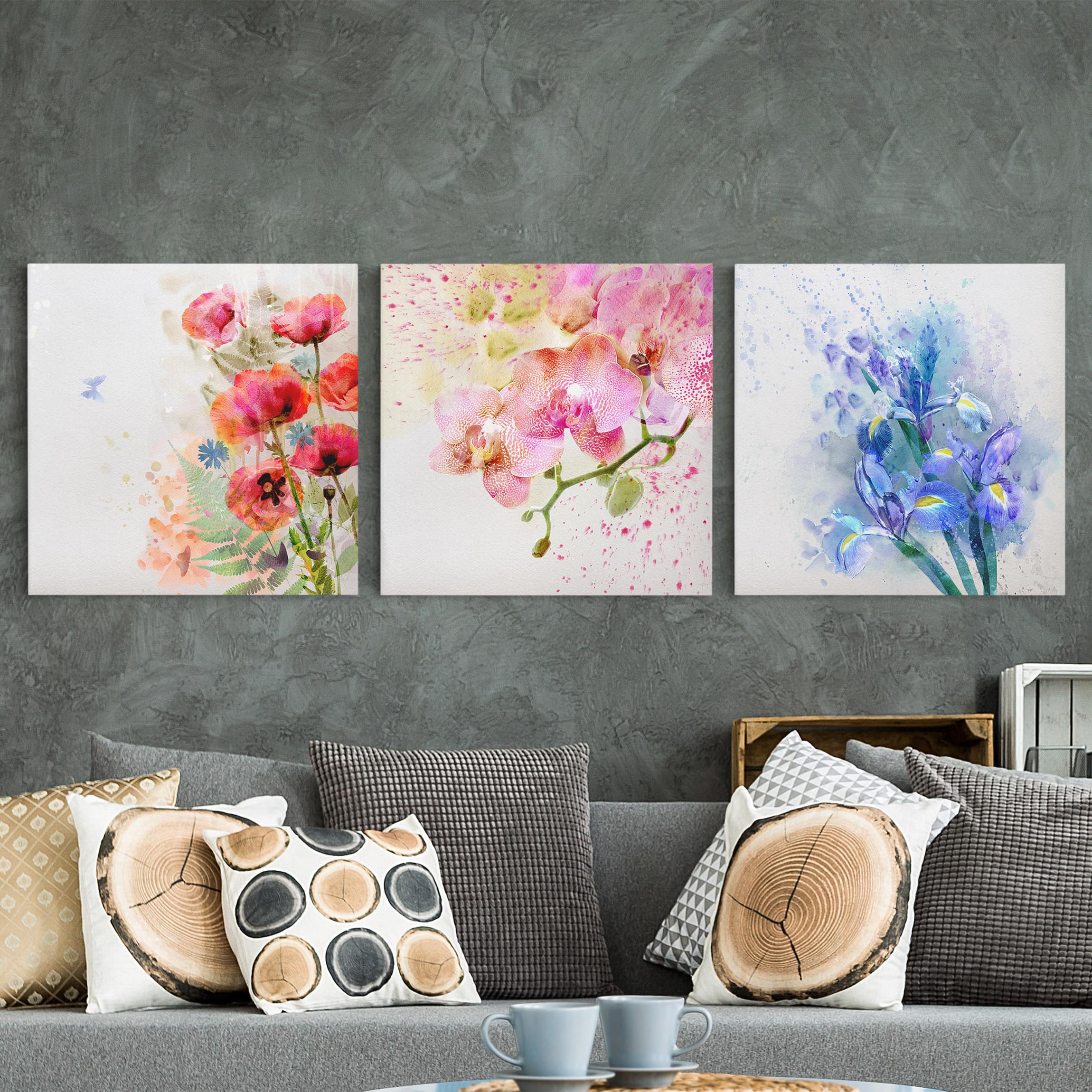 3-teiliges Leinwandbild Blumen Aquarell Blumen Trio