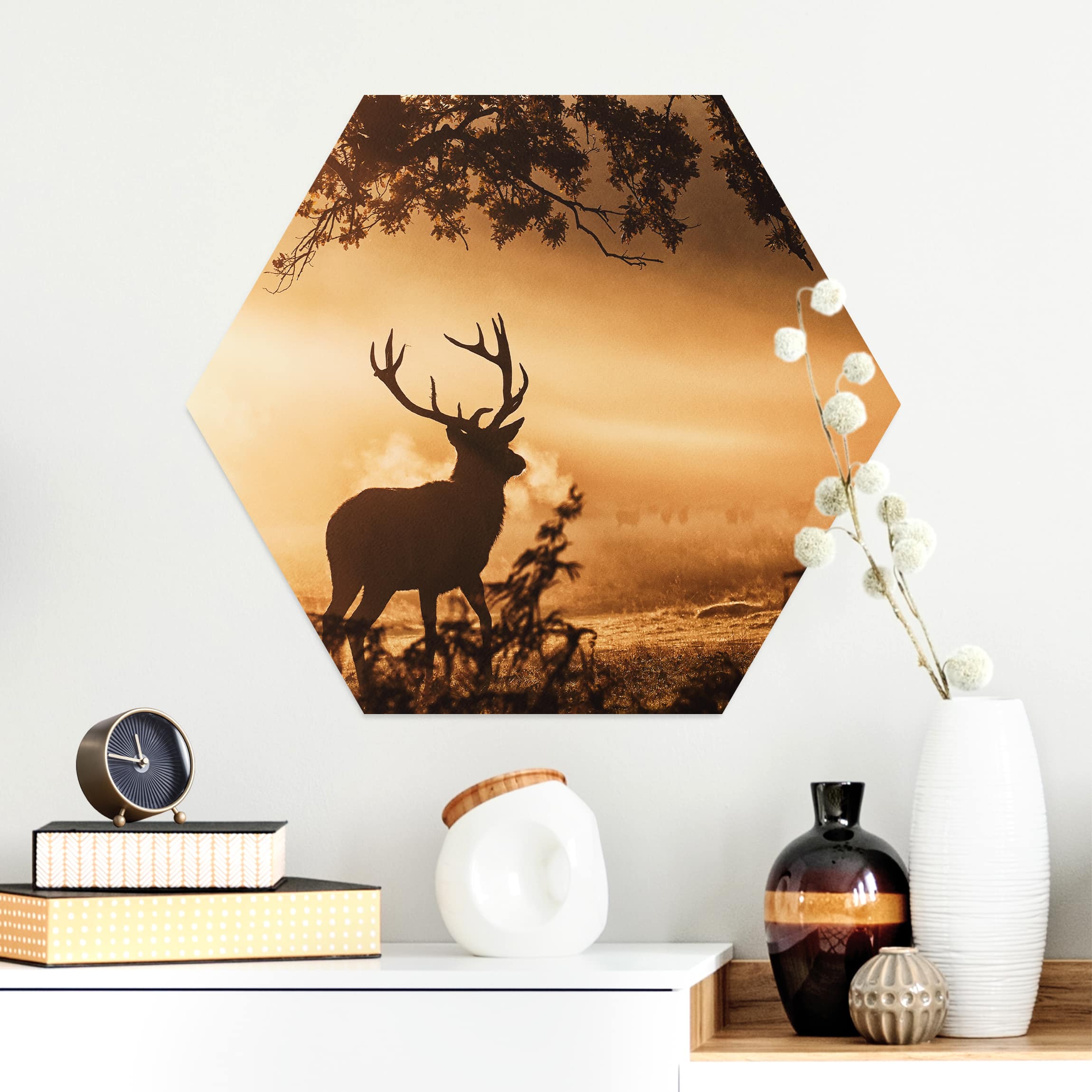 Hexagon-Alu-Dibond Bild Hirsch im Winterwald