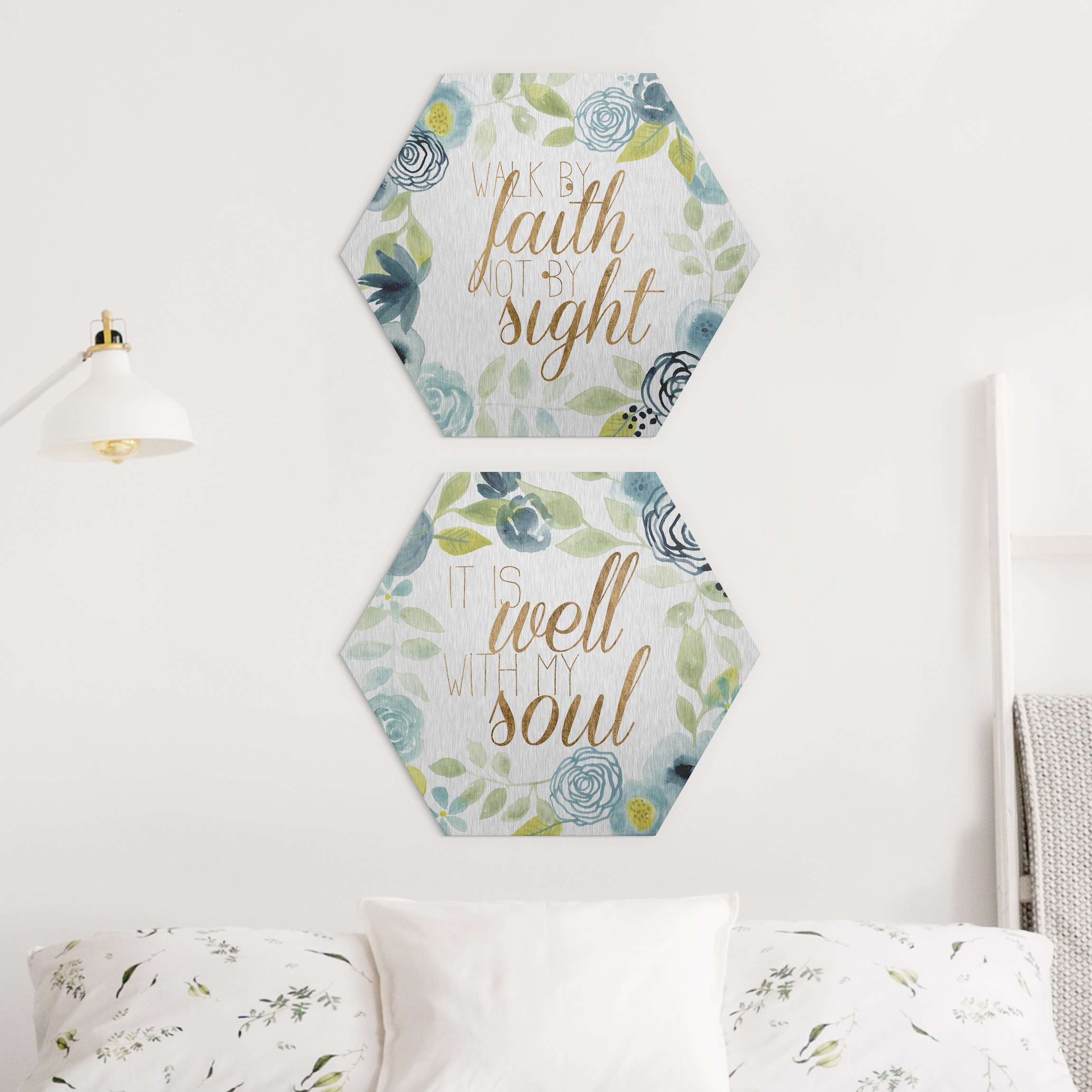 2-teiliges Hexagon-Alu-Dibond Bild Blumenkranz mit Spruch Set I