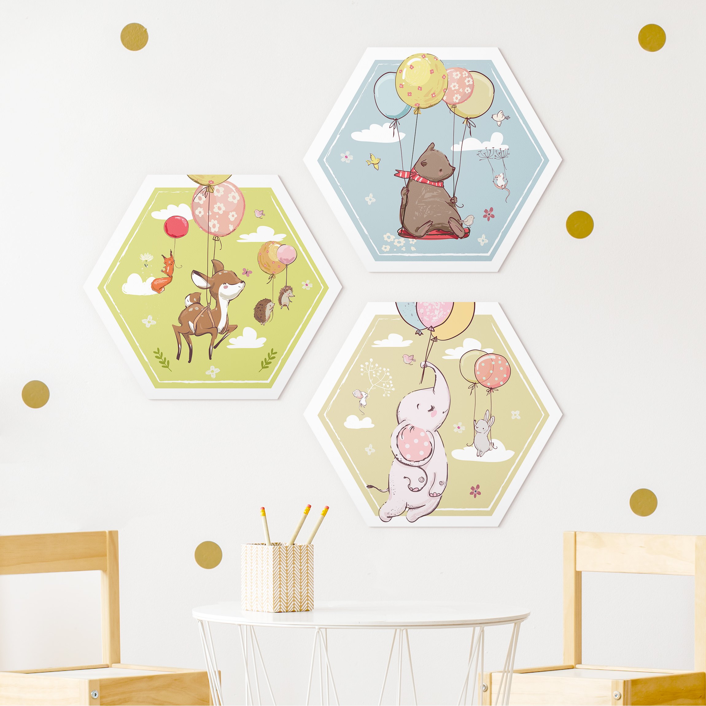 3-teiliges Hexagon-Forexbild Fliegender Elefant Bär Reh