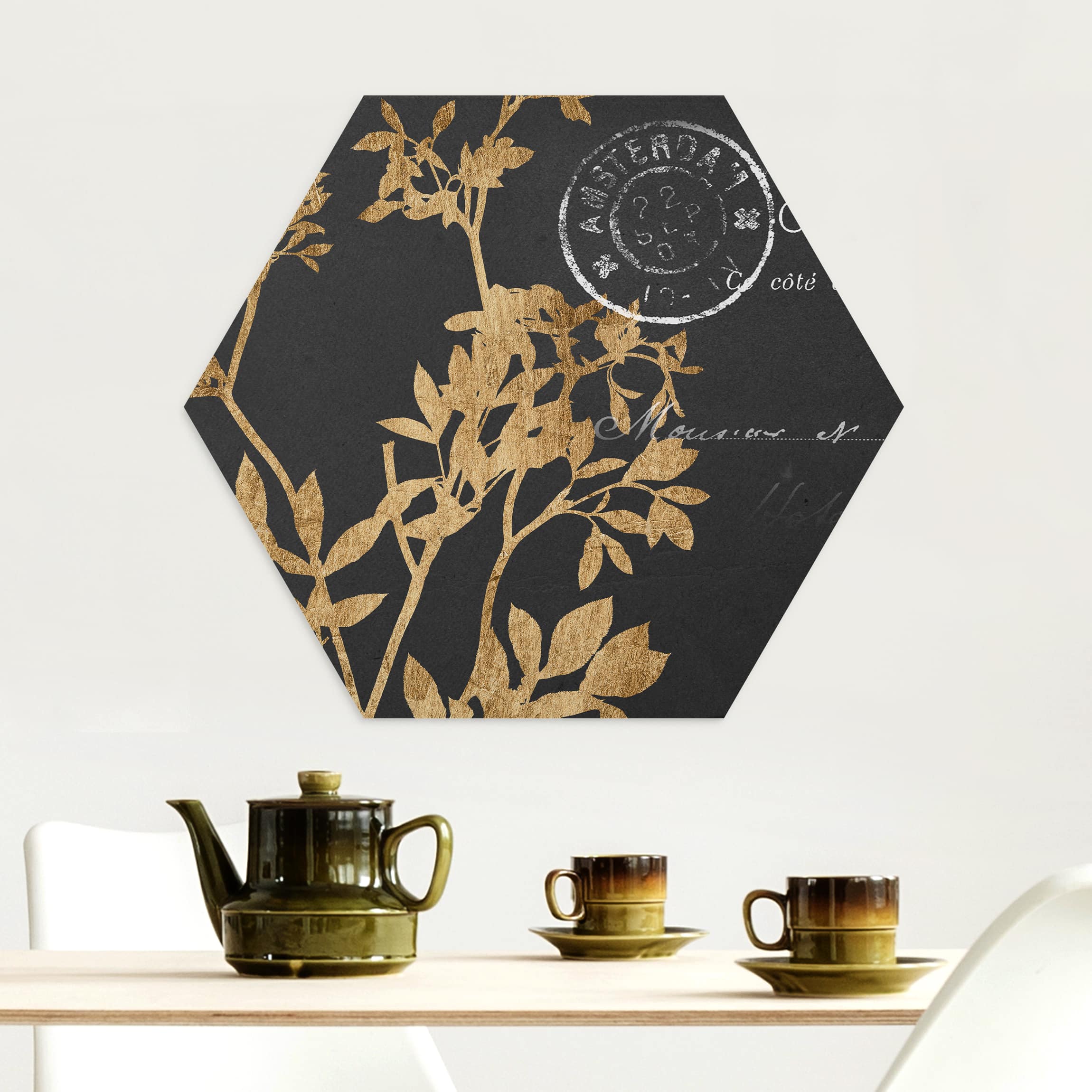 Hexagon-Alu-Dibond Bild Goldene Blätter auf Mokka I