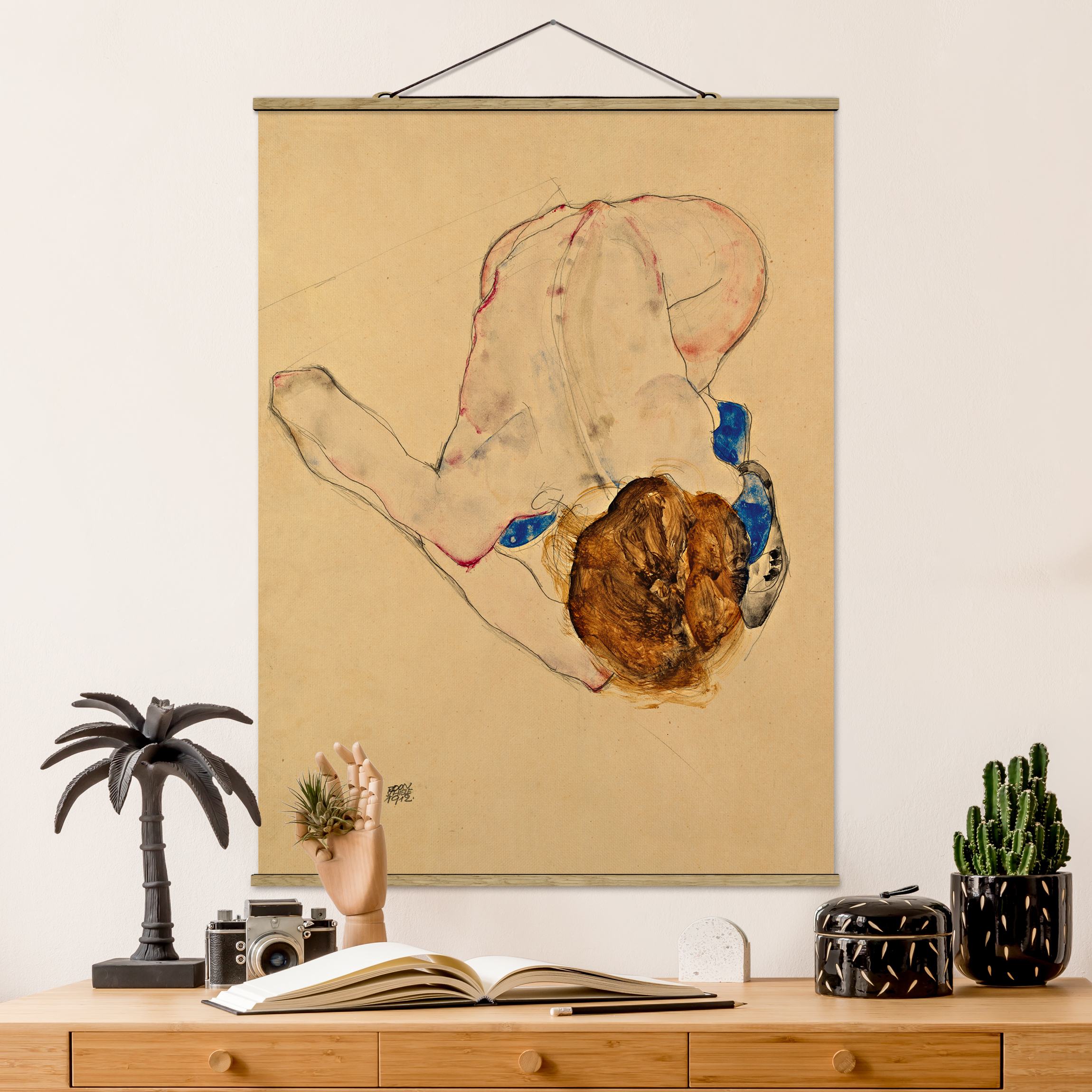 Stoffbild mit Posterleisten Egon Schiele - Nach vorne gebeugter Akt