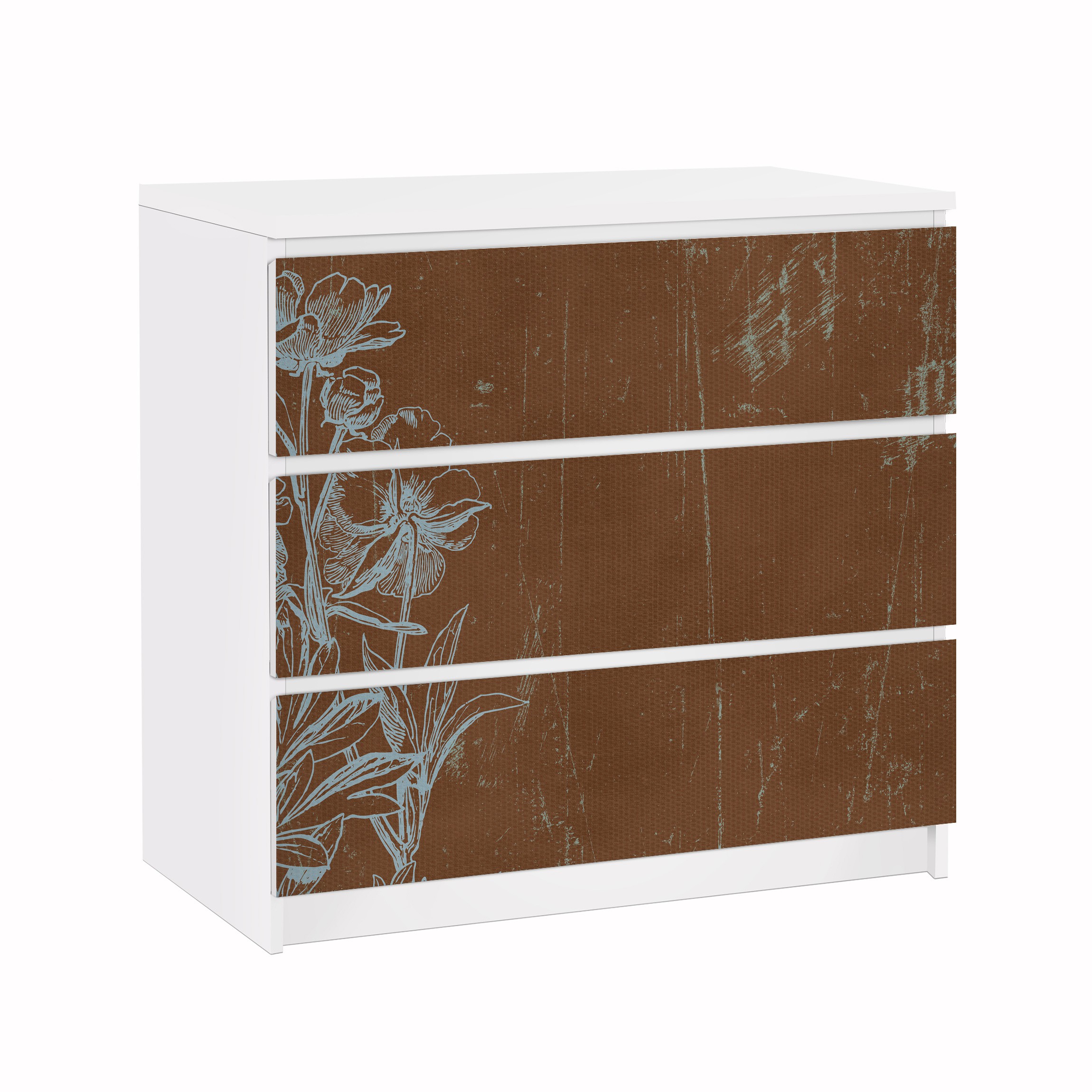 Möbelfolie für IKEA Malm Kommode 3 Schubladen Blaue Blumenskizze
