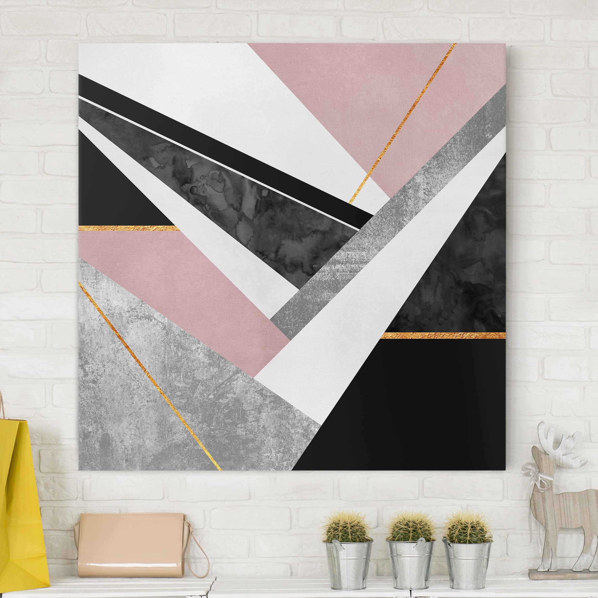 Leinwandbild - Quadrat Schwarz Weiß Geometrie mit Gold