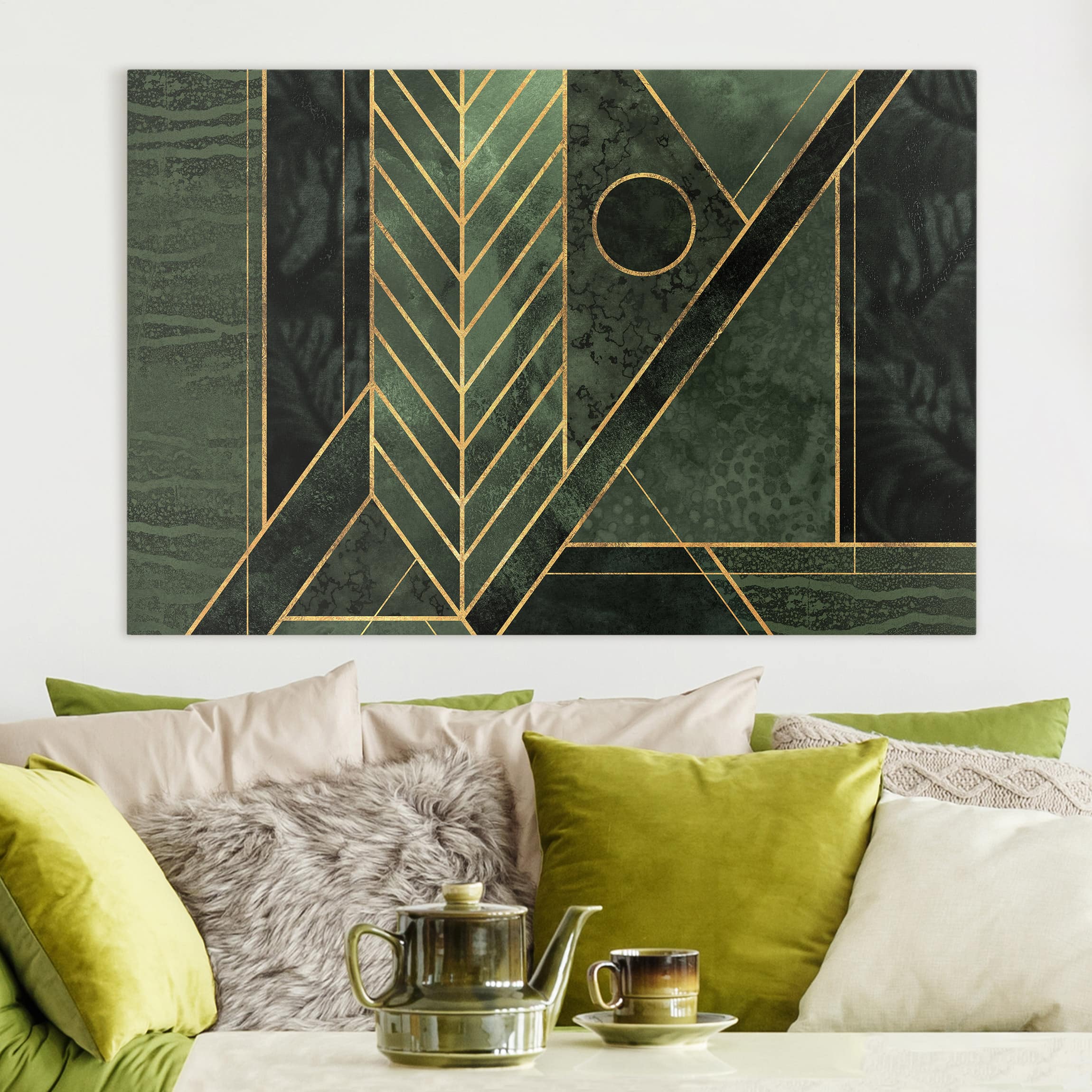 Leinwandbild - Querformat Geometrische Formen Smaragd Gold