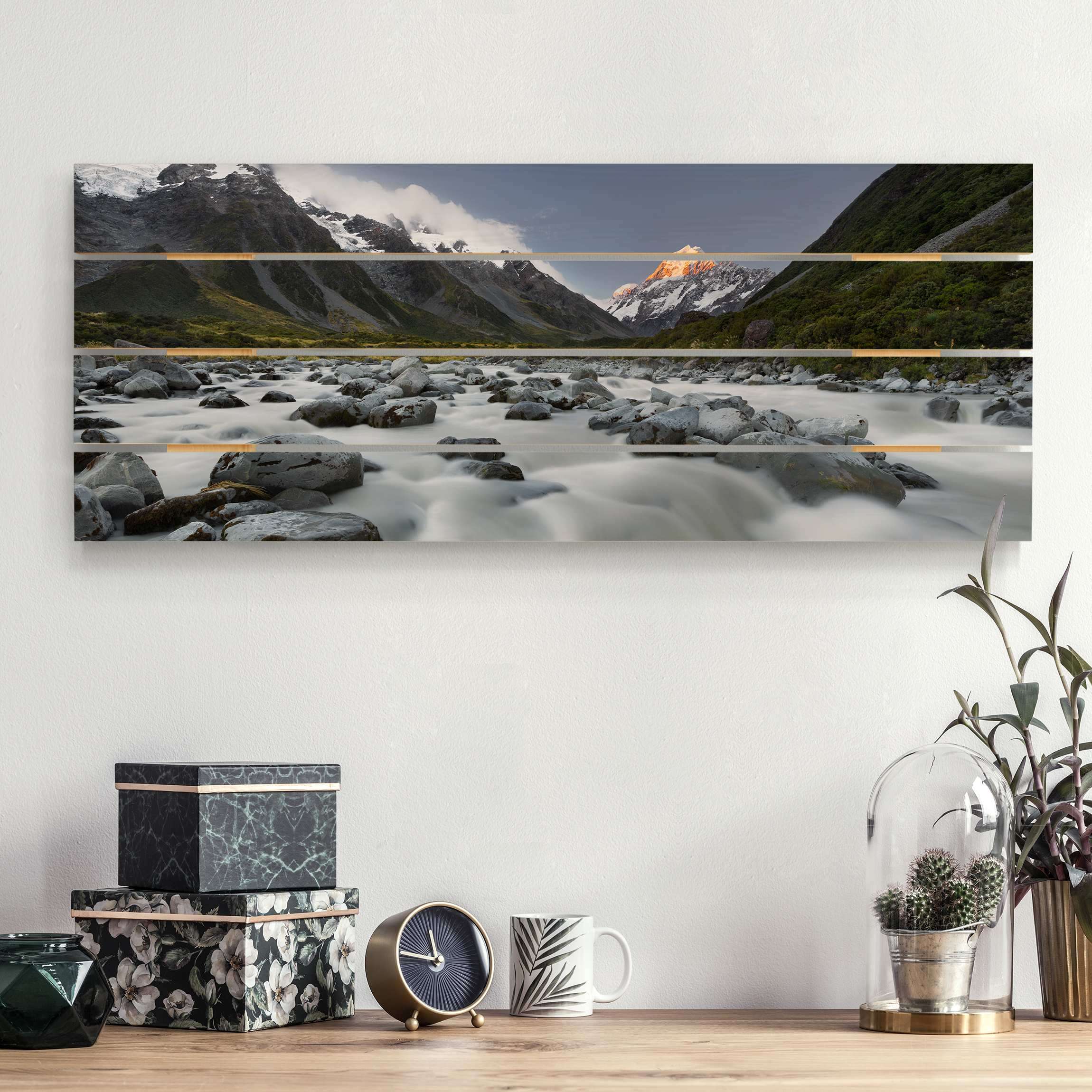Holzbild Plankenoptik - Panorama Aoraki über dem Hooker River