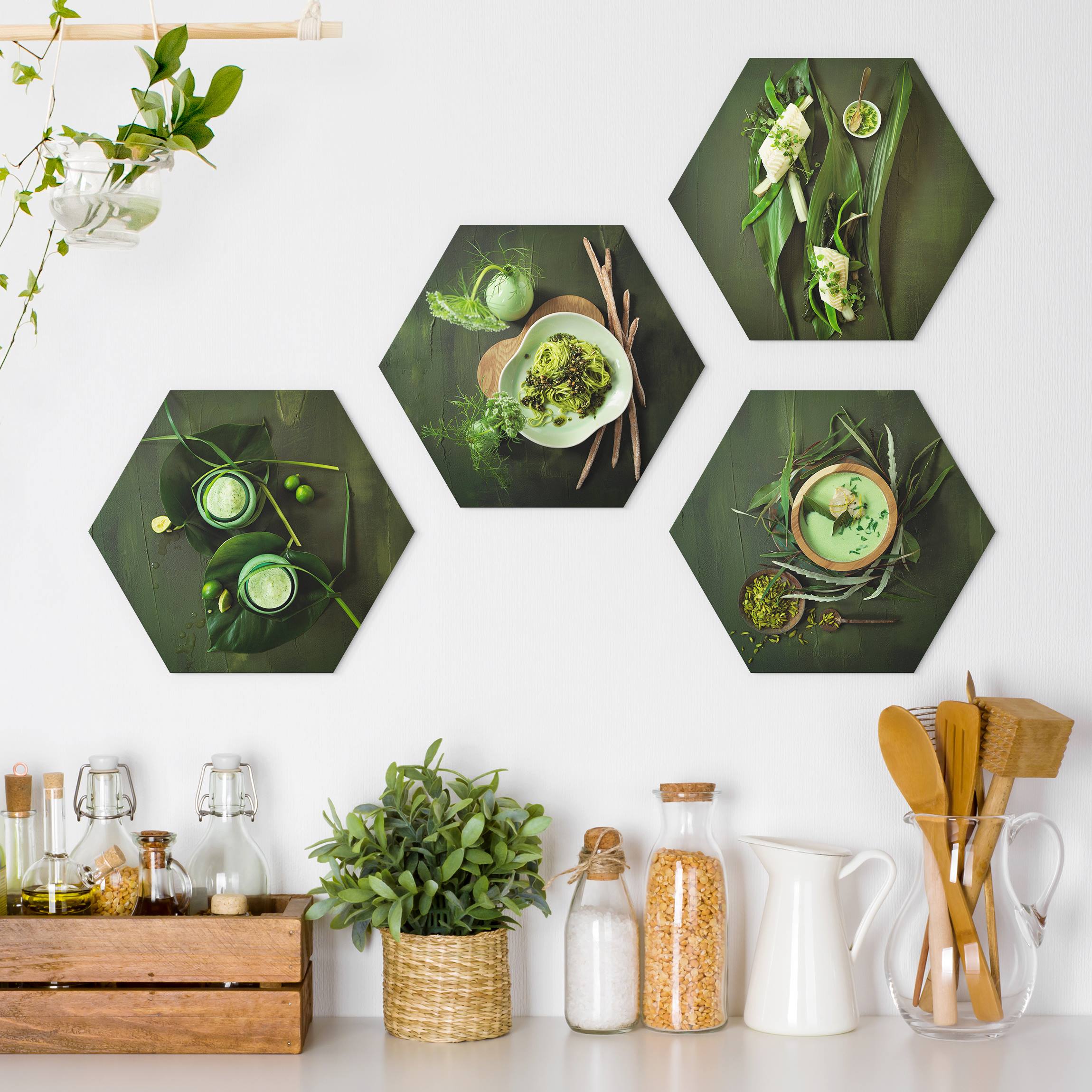 4-teiliges Hexagon-Alu-Dibond Bild Italienische Spezialitäten