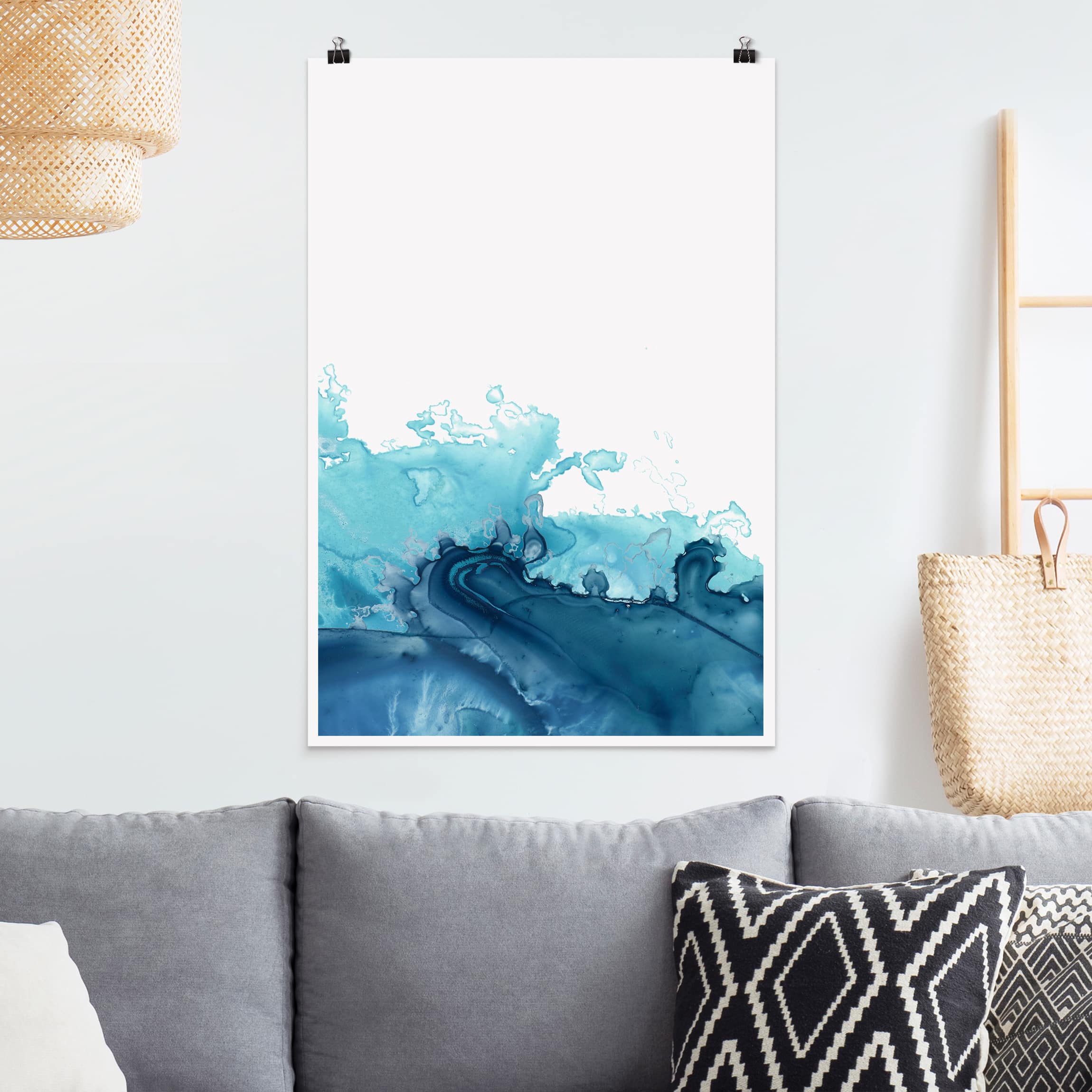 Poster - Hochformat Welle Aquarell Blau I