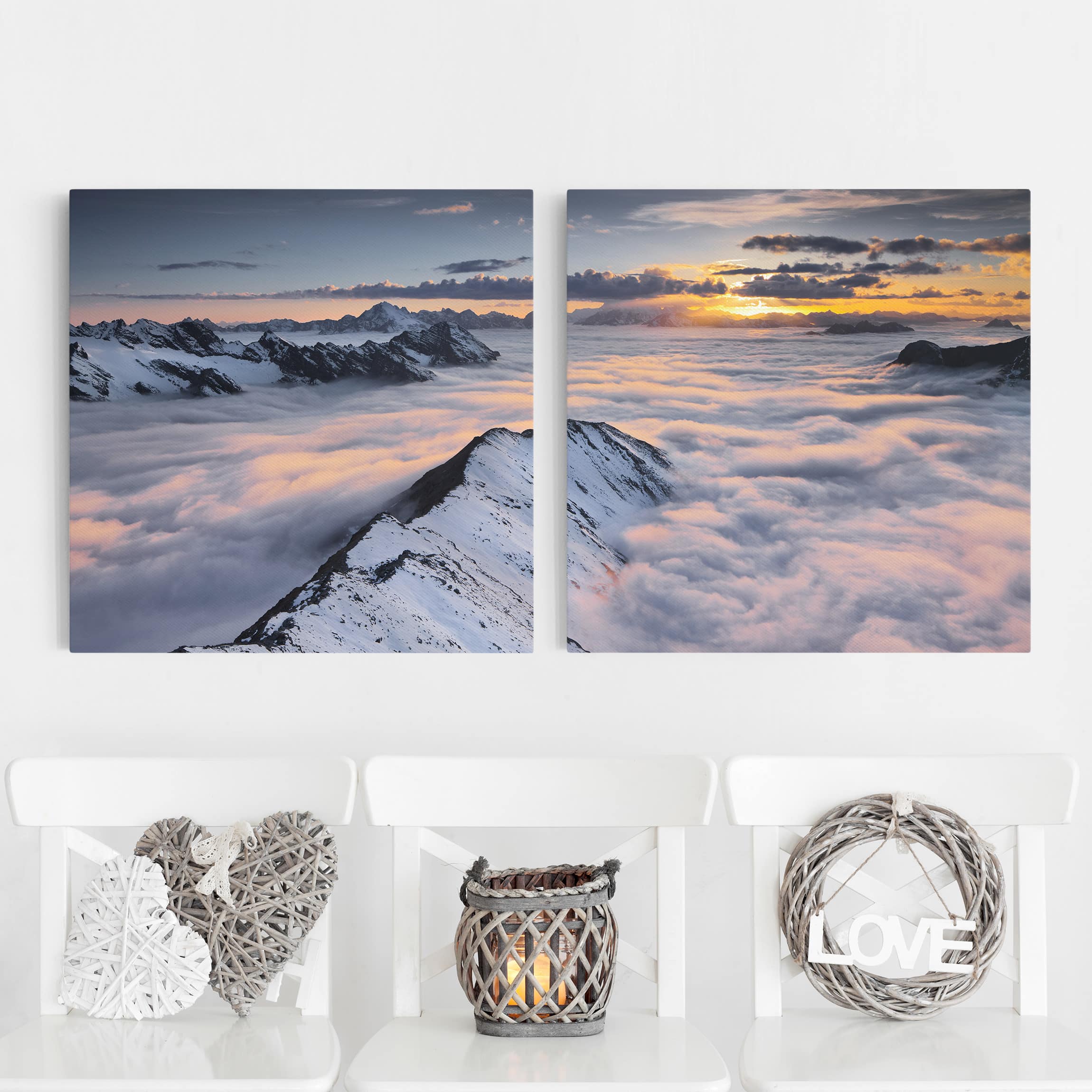 2-teiliges Leinwandbild - Querformat Blick über Wolken und Berge