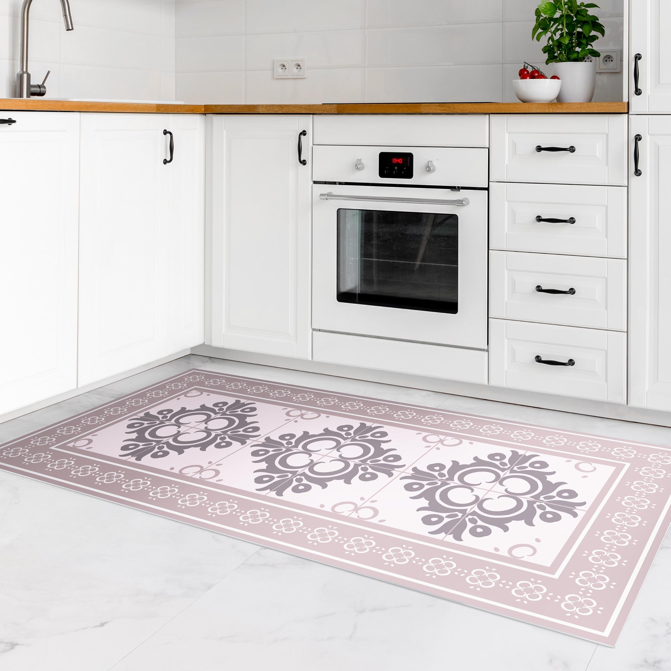 Vinylteppich Florale Fliesen Warmgraue Knospen mit Bordüre
