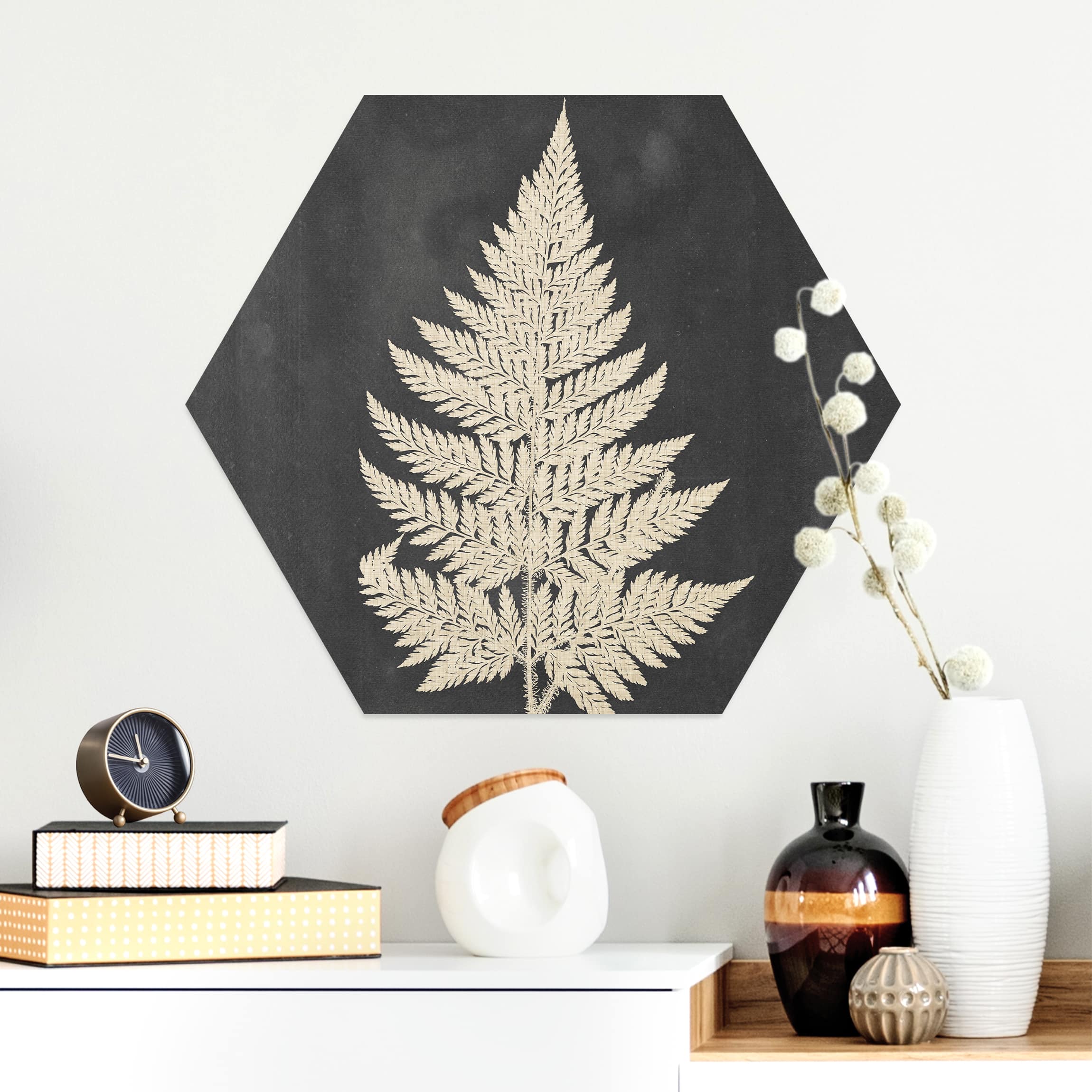 Hexagon-Alu-Dibond Bild Farn mit Leinenstruktur I