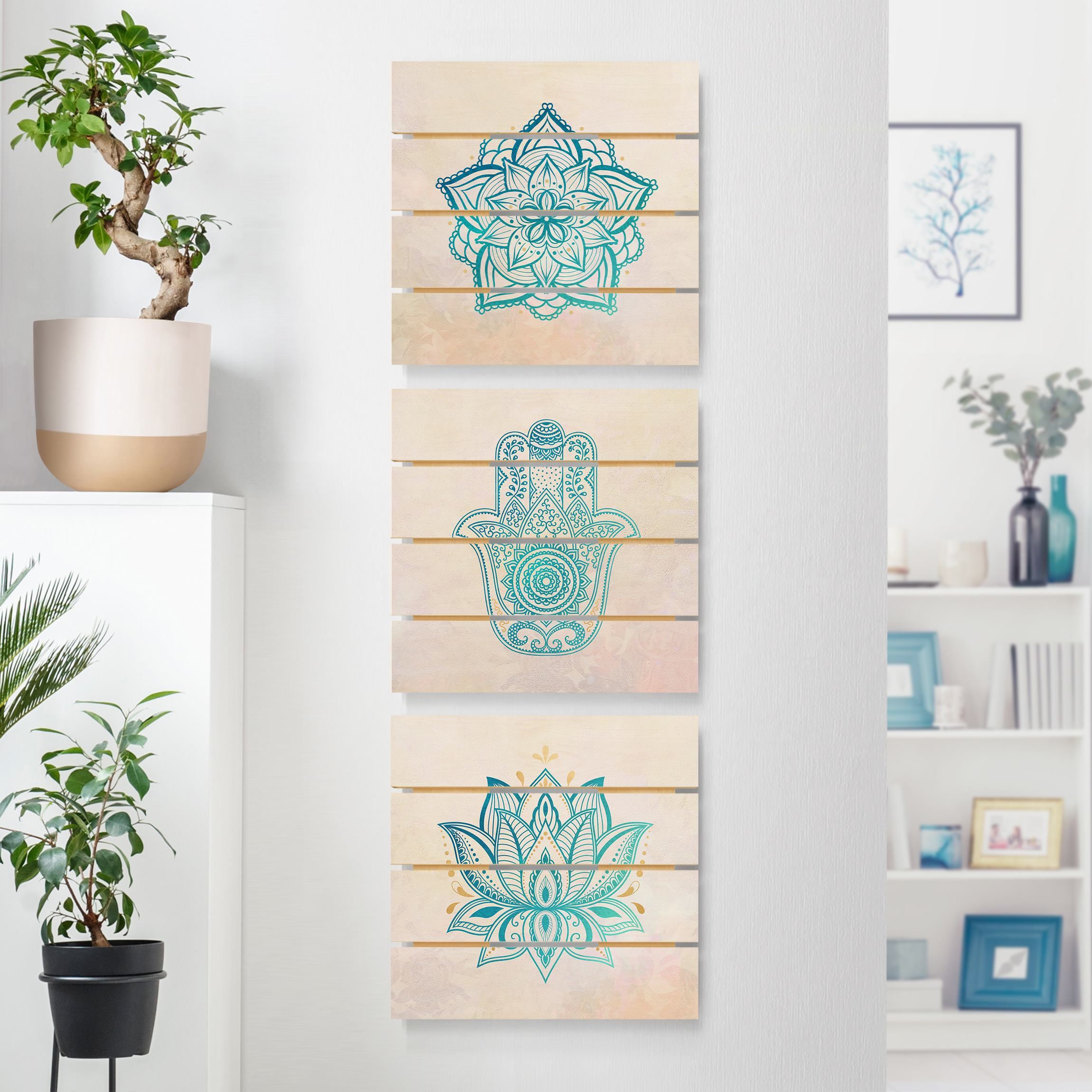 3-teiliges Holzbild Plankenoptik - Quadrat Mandala Hamsa Hand Lotus Set gold blau
