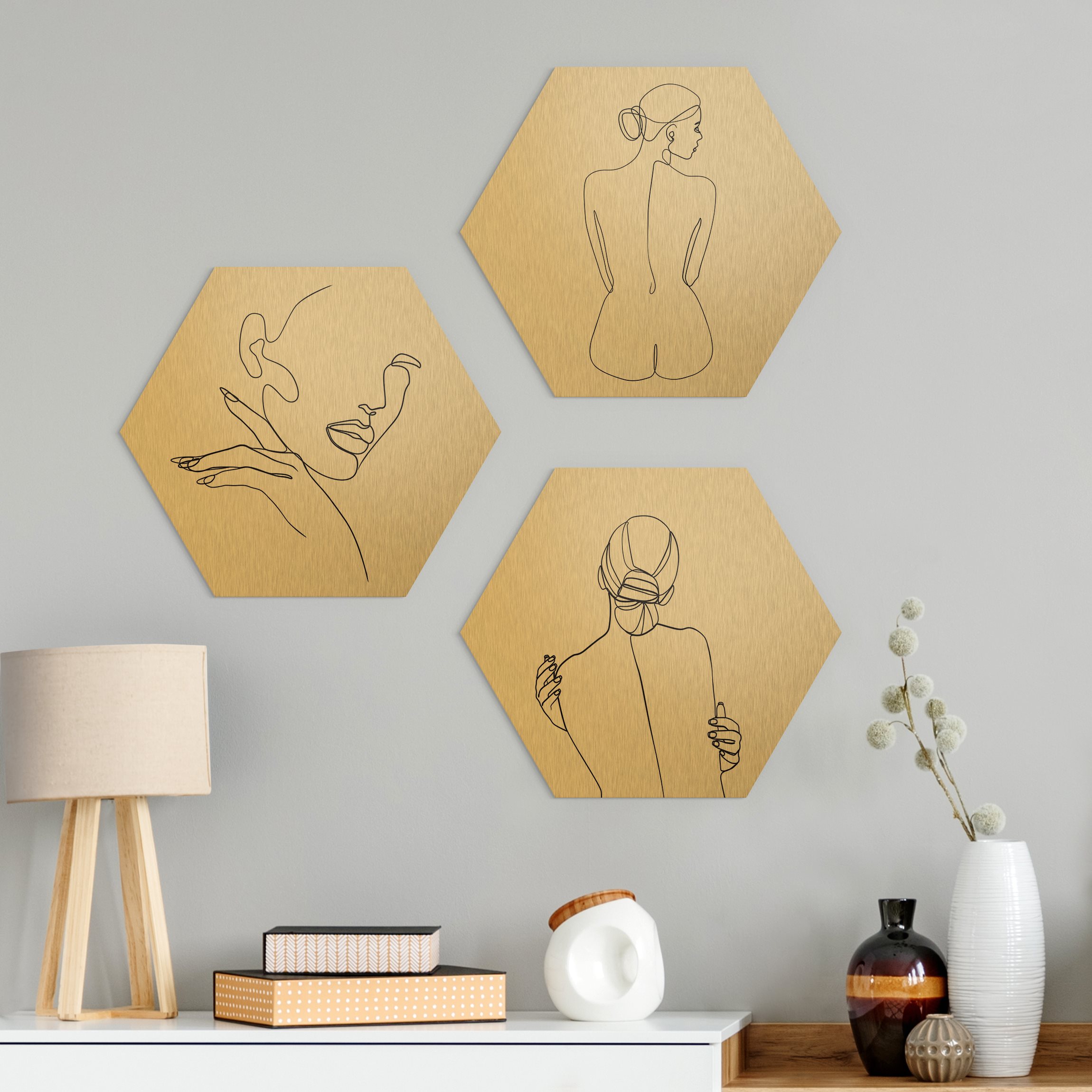 3-teiliges Hexagon-Alu-Dibond Bild Line Art Frauen Akt Schwarz Weiß Set